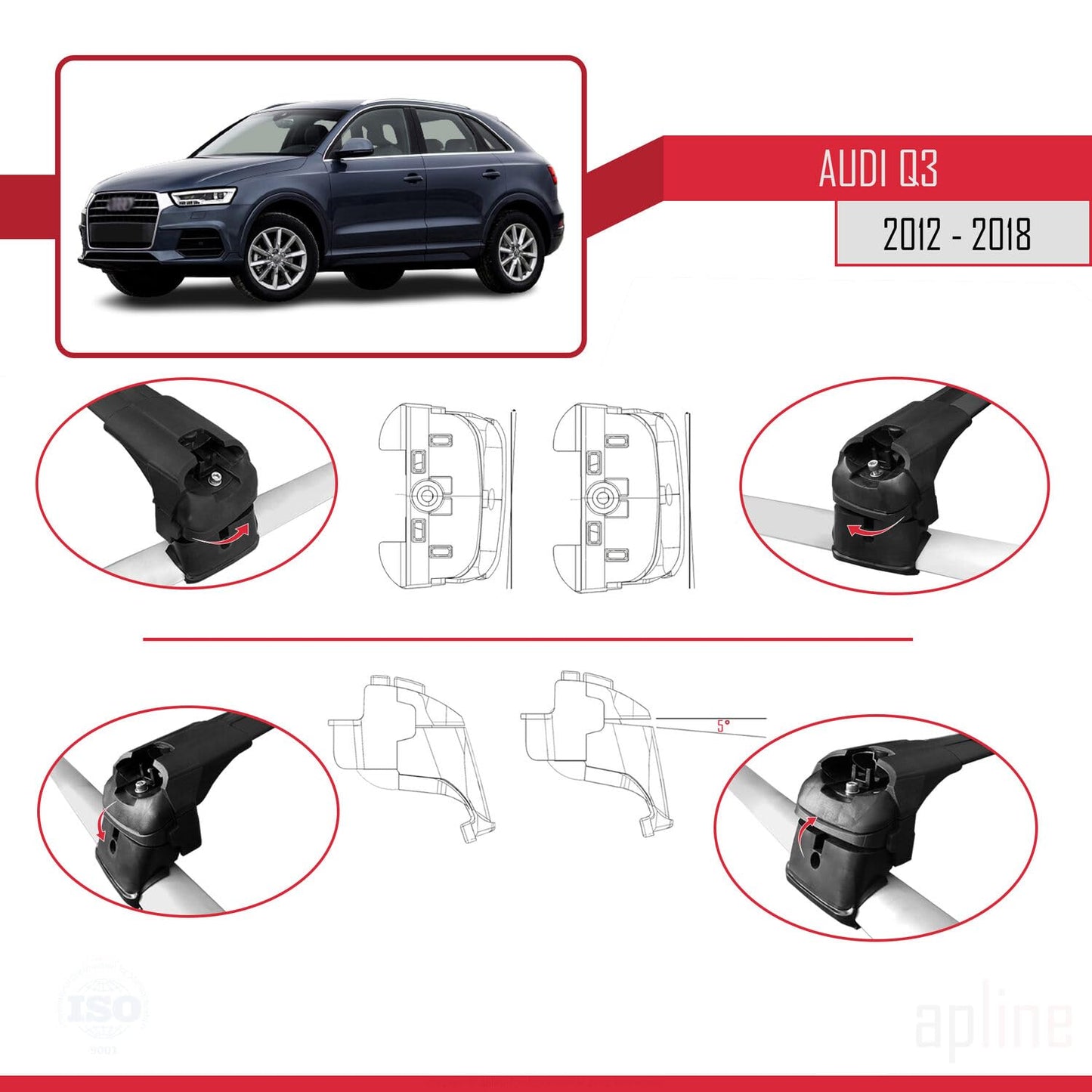 Compatible with Audi Q3 (8U) 2012-2018 ACE-2 Car Roof Rack Cross Bar Black Aluminium 2 Bars