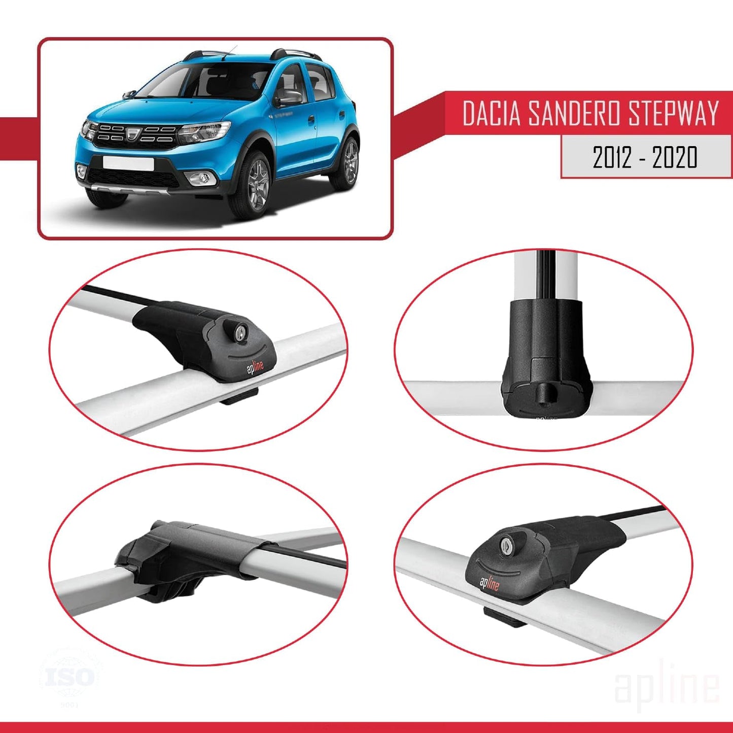 Compatible with Dacia Sandero Stepway 2 2012-2020 ACE-1 Car Roof Rack Cross Bar Grey Aluminium 3 Bars