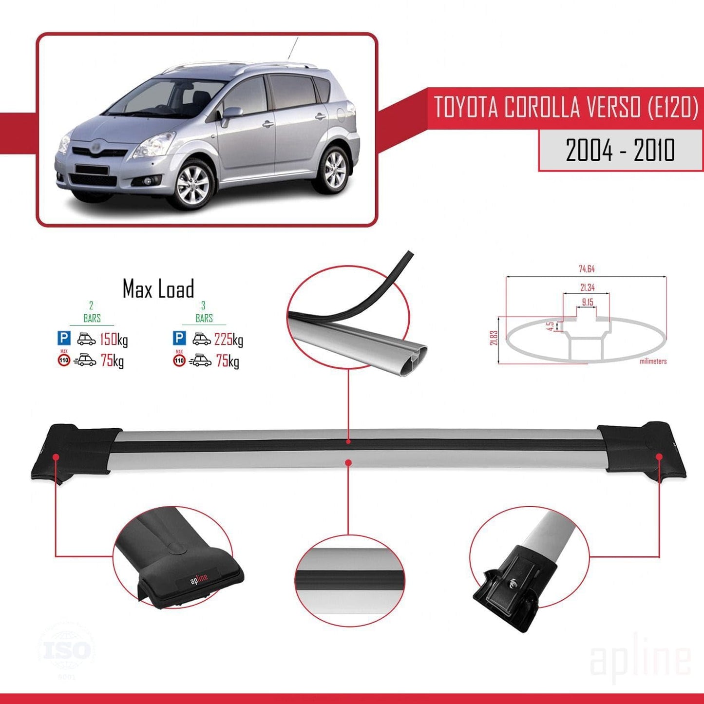 Compatible with Toyota Corolla Verso 2 (AR10) 2004-2010 Fly Model Car Roof Rack Cross Bar Grey Aluminium 2 Bars