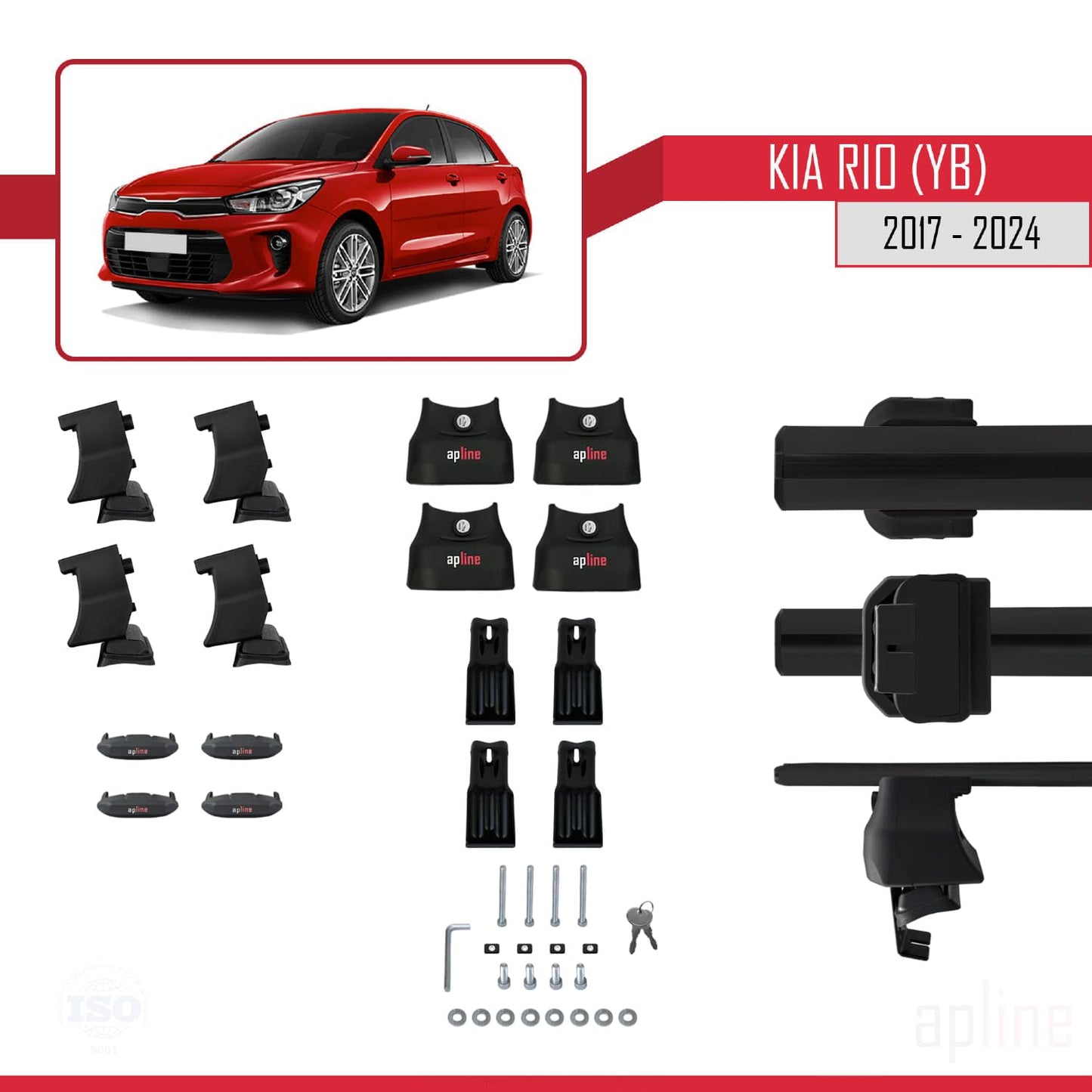 Compatible with Kia Rio 4 (YB) HB 2017-2023 ACE-4 Car Roof Rack Cross Bar Black Aluminium 2 Bars