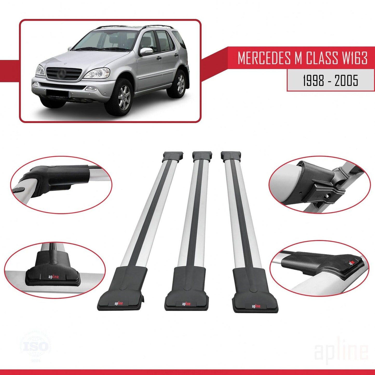 Compatible with Mercedes M Class (W163) 1998-2005 Fly Model Car Roof Rack Cross Bar Grey Aluminium 3 Bars