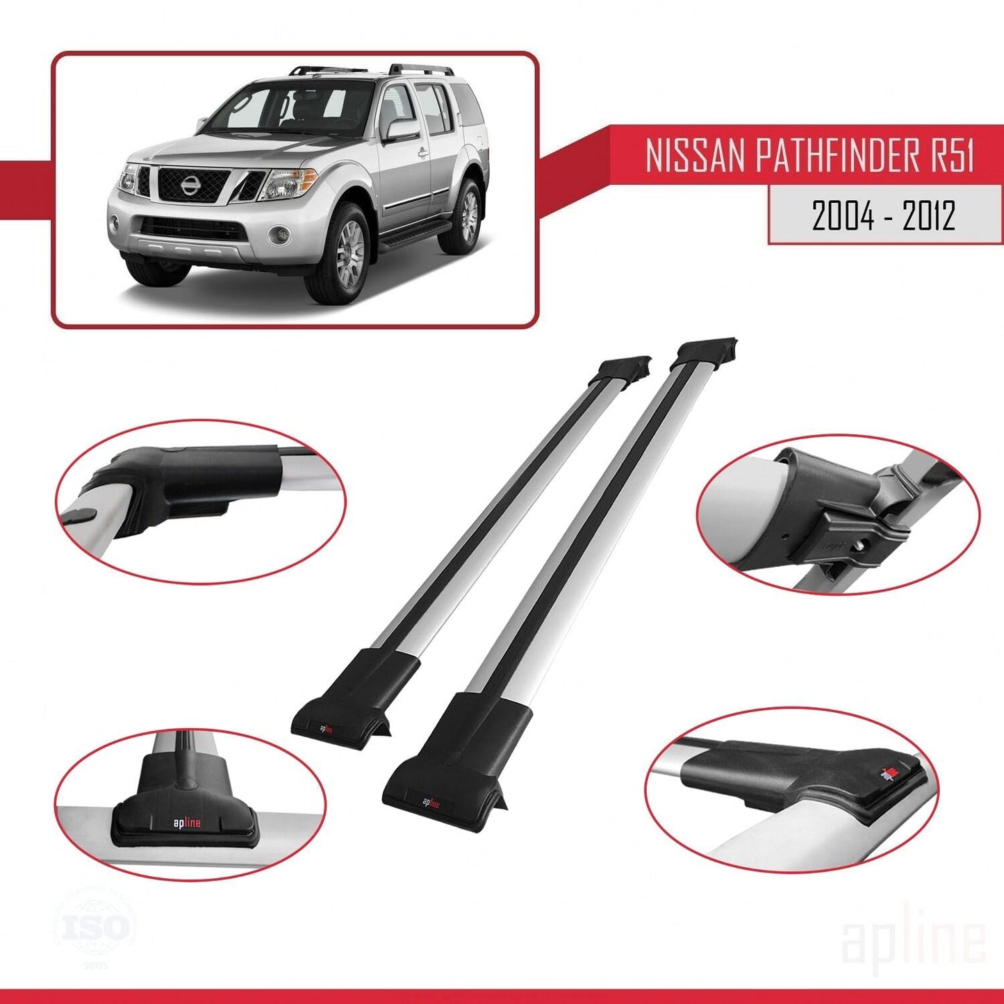 Compatible with Nissan Pathfinder 3 (R51) 2004-2012 Fly Model Car Roof Rack Cross Bar Grey Aluminium 2 Bars