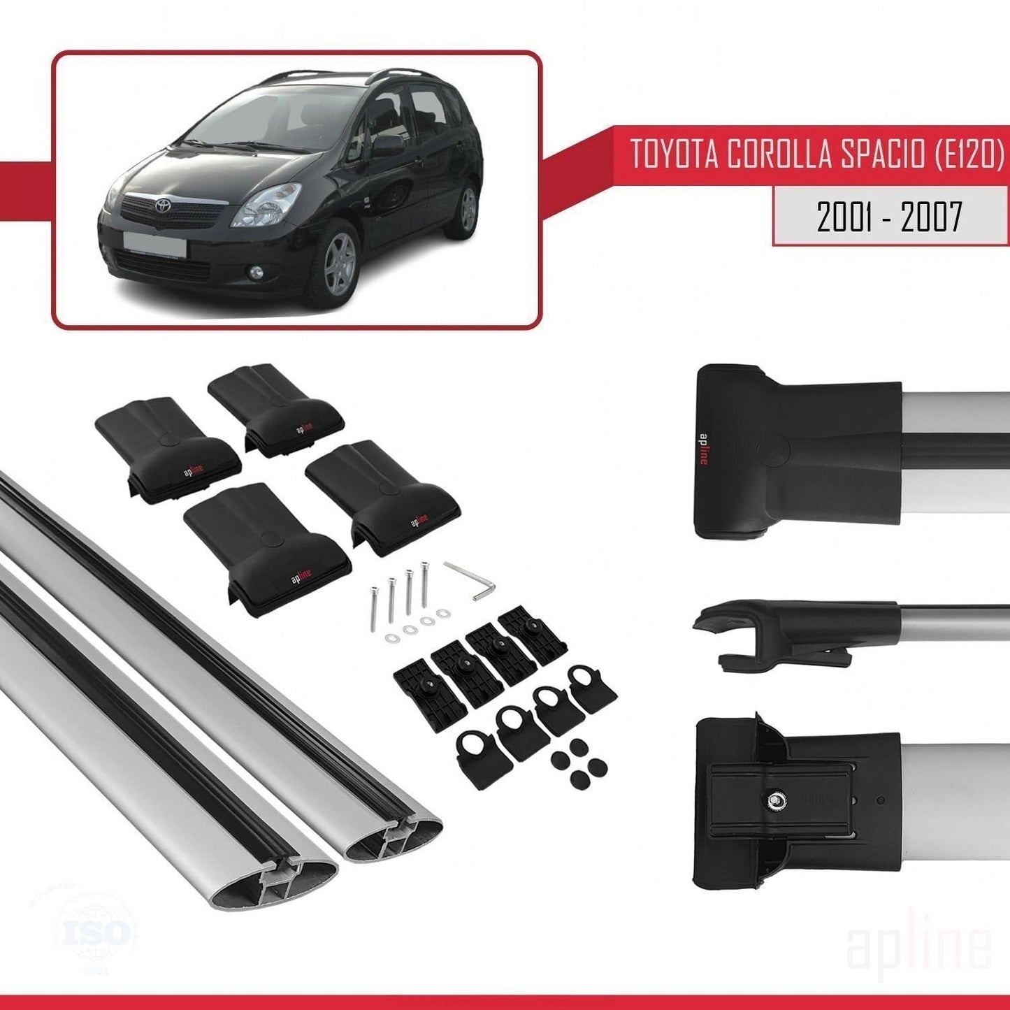 Compatible with Toyota Corolla Spacio 2 (E120) 2001-2007 Fly Model Car Roof Rack Cross Bar Grey Aluminium 2 Bars