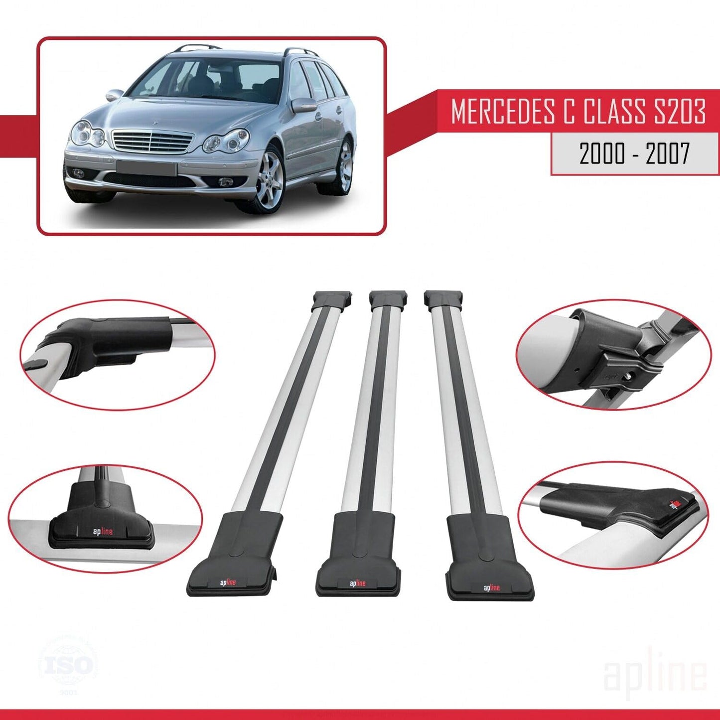 Compatible with Mercedes C Class 2 (S203) 2000-2007 Fly Model Car Roof Rack Cross Bar Grey Aluminium 3 Bars