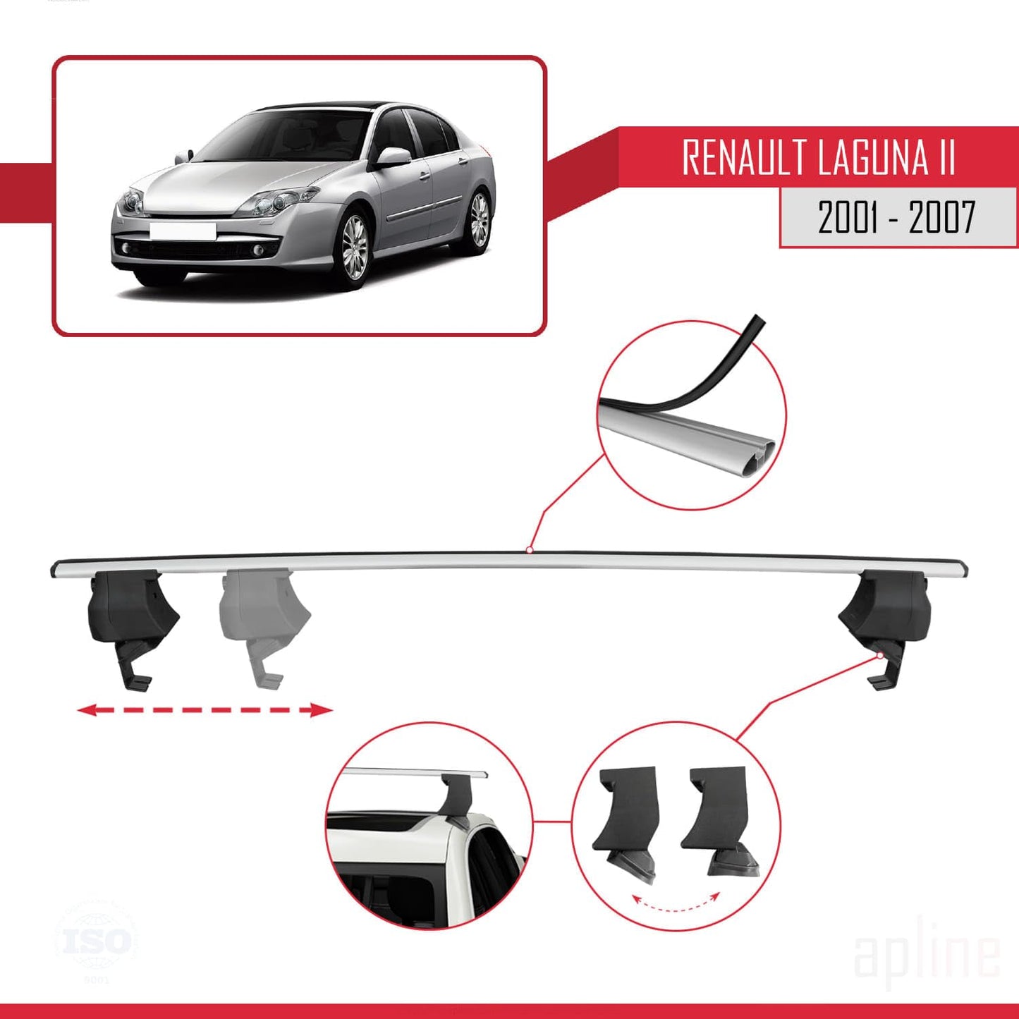Compatible with Renault Laguna 2 (X74) 2001-2007 ACE-4 Car Roof Rack Cross Bar Grey Aluminium 2 Bars