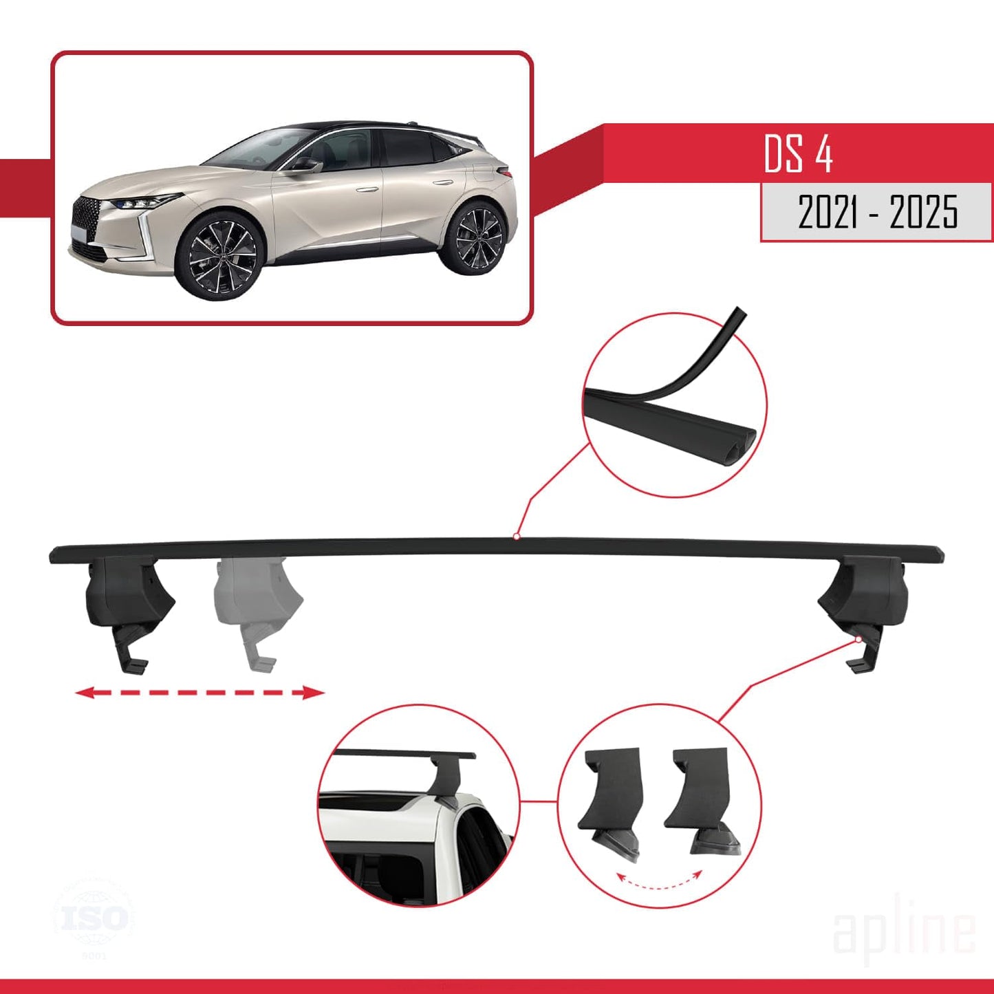 Compatible with DS 4 II 2021-2025 ACE-4 Car Roof Rack Cross Bar Black Aluminium 2 Bars