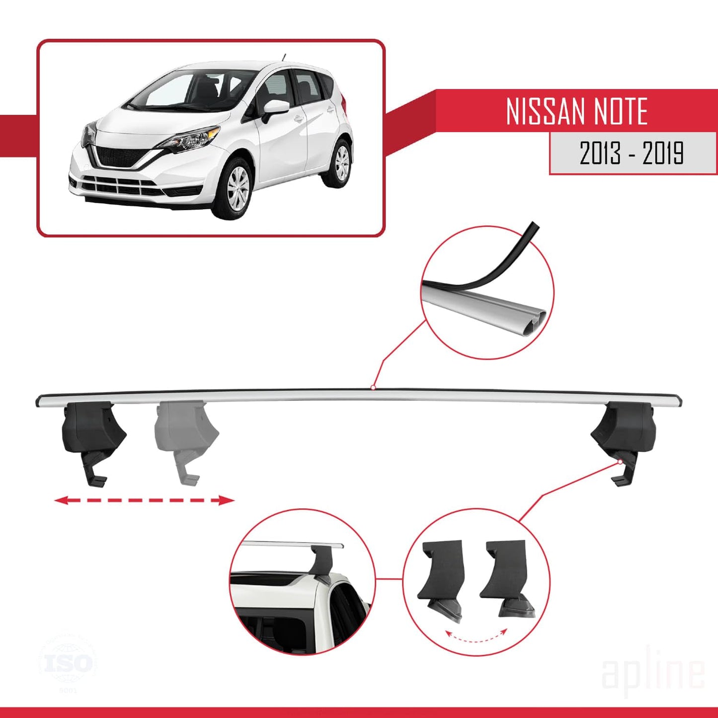 Compatible with Nissan Note 2 (E12) 2013-2019 ACE-4 Car Roof Rack Cross Bar Grey Aluminium 2 Bars
