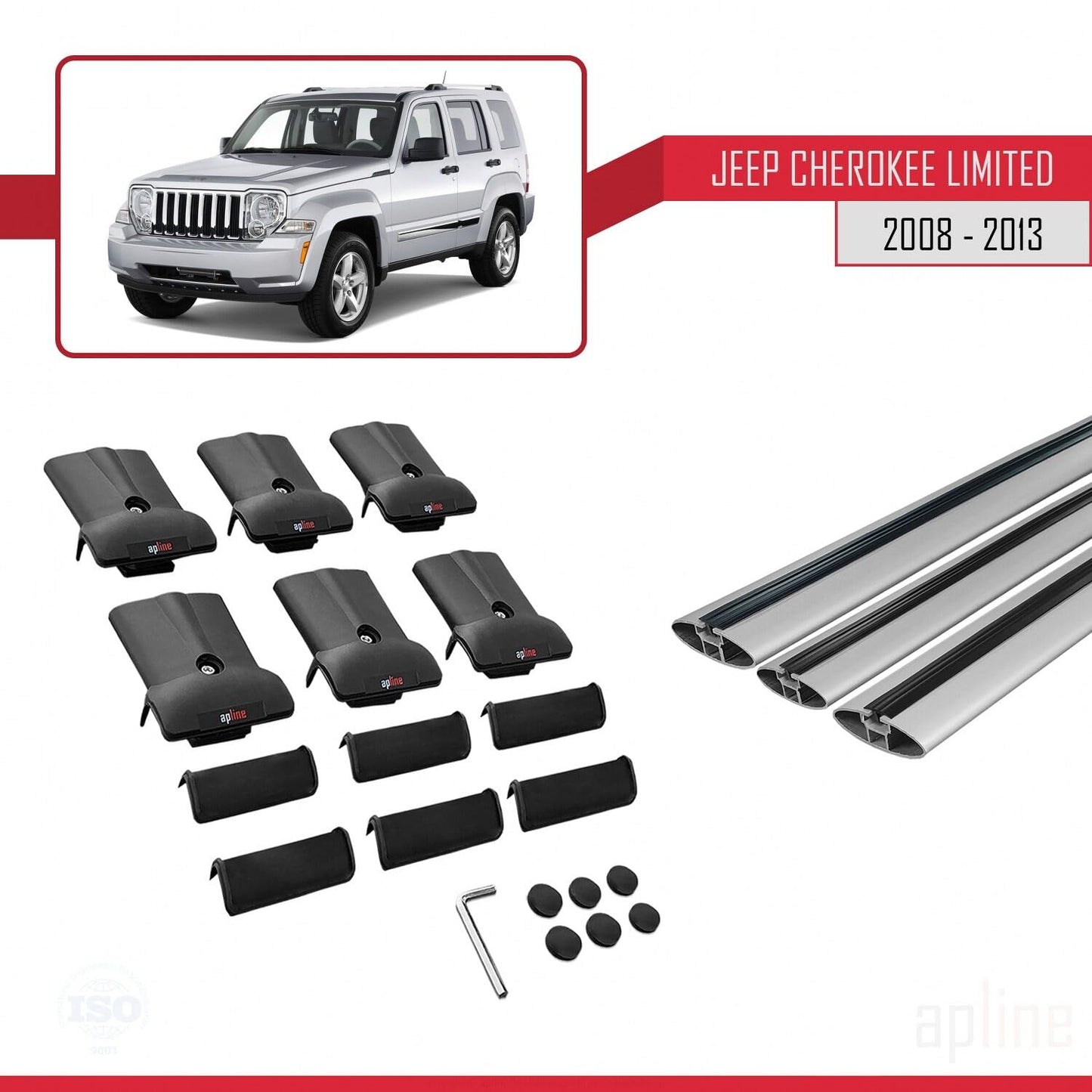 Compatible with Jeep Cherokee 4 (KK) 2008-2013 Fly Model Car Roof Rack Cross Bar Grey Aluminium 3 Bars