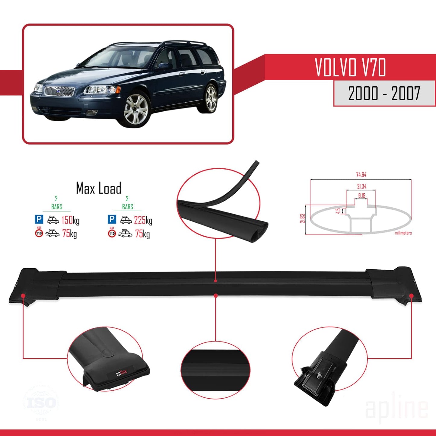 Compatible with Volvo V70 2000-2007 Fly Model Car Roof Rack Cross Bar Black Aluminium 2 Bars