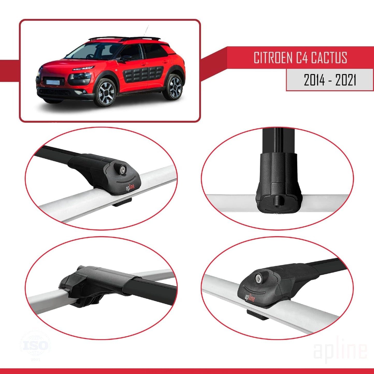 Compatible with Citroen C4 Cactus 2014-2021 ACE-1 Car Roof Rack Cross Bar Black Aluminium 3 Bars