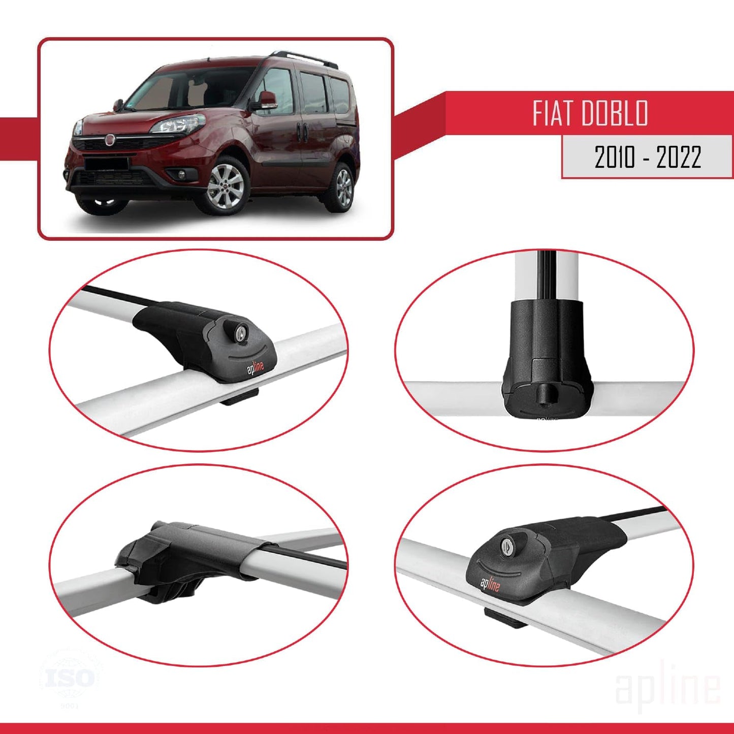 Compatible with Fiat Doblo 2 2010-2022 ACE-1 Car Roof Rack Cross Bar Grey Aluminium 2 Bars
