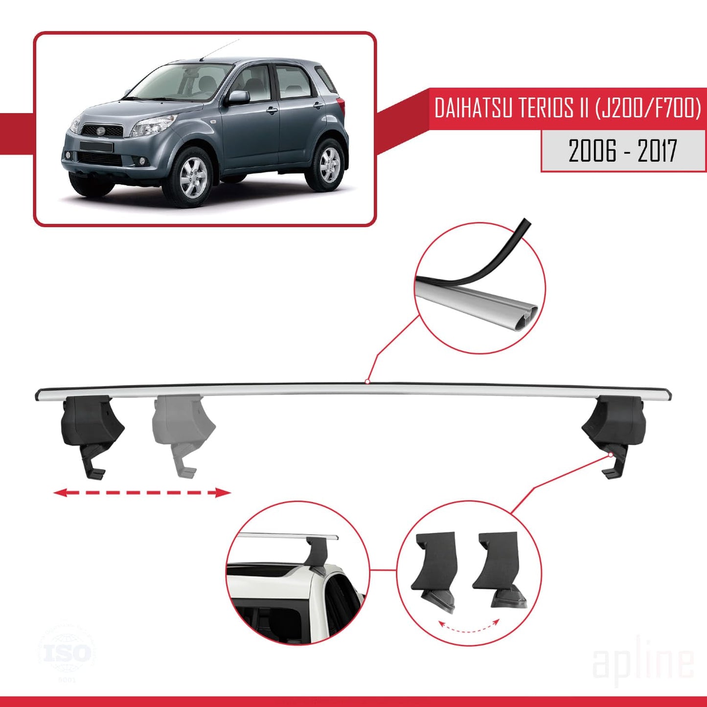 Compatible with Daihatsu Terios 2 (J200/F700) 2006-2017 ACE-4 Car Roof Rack Cross Bar Grey Aluminium 2 Bars