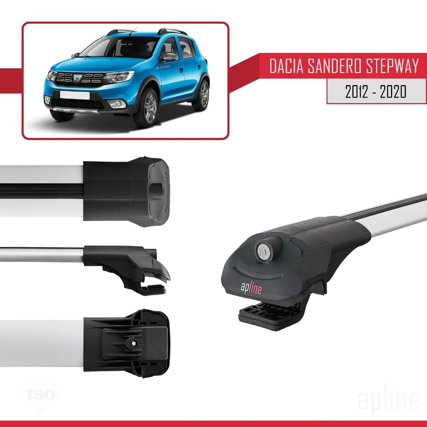 Compatible with Dacia Sandero Stepway 2 2012-2020 ACE-1 Car Roof Rack Cross Bar Grey Aluminium 3 Bars