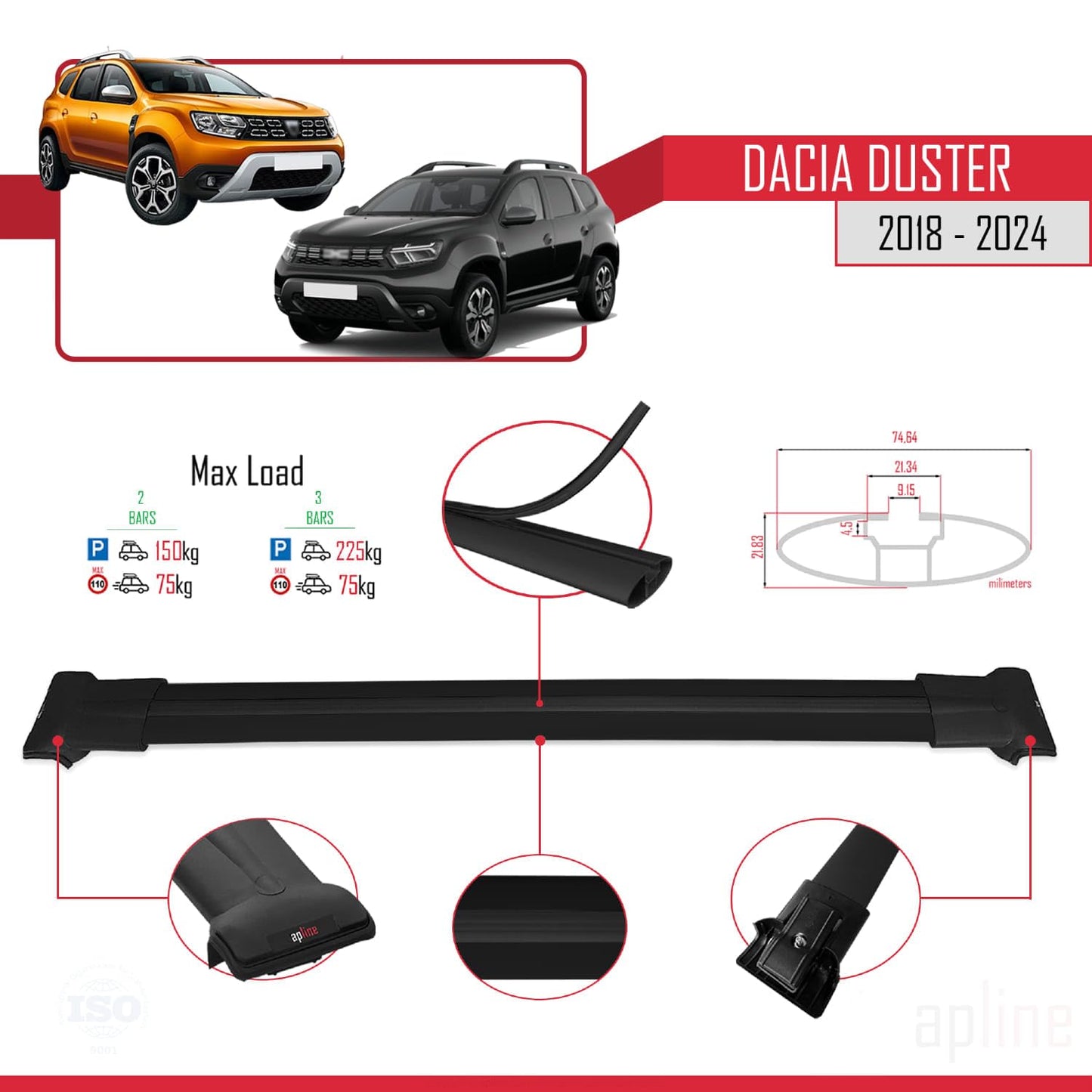 Compatible with Dacia Duster 2 (HM) 2018-2024 Fly Model Car Roof Rack Cross Bar Black Aluminium 2 Bars