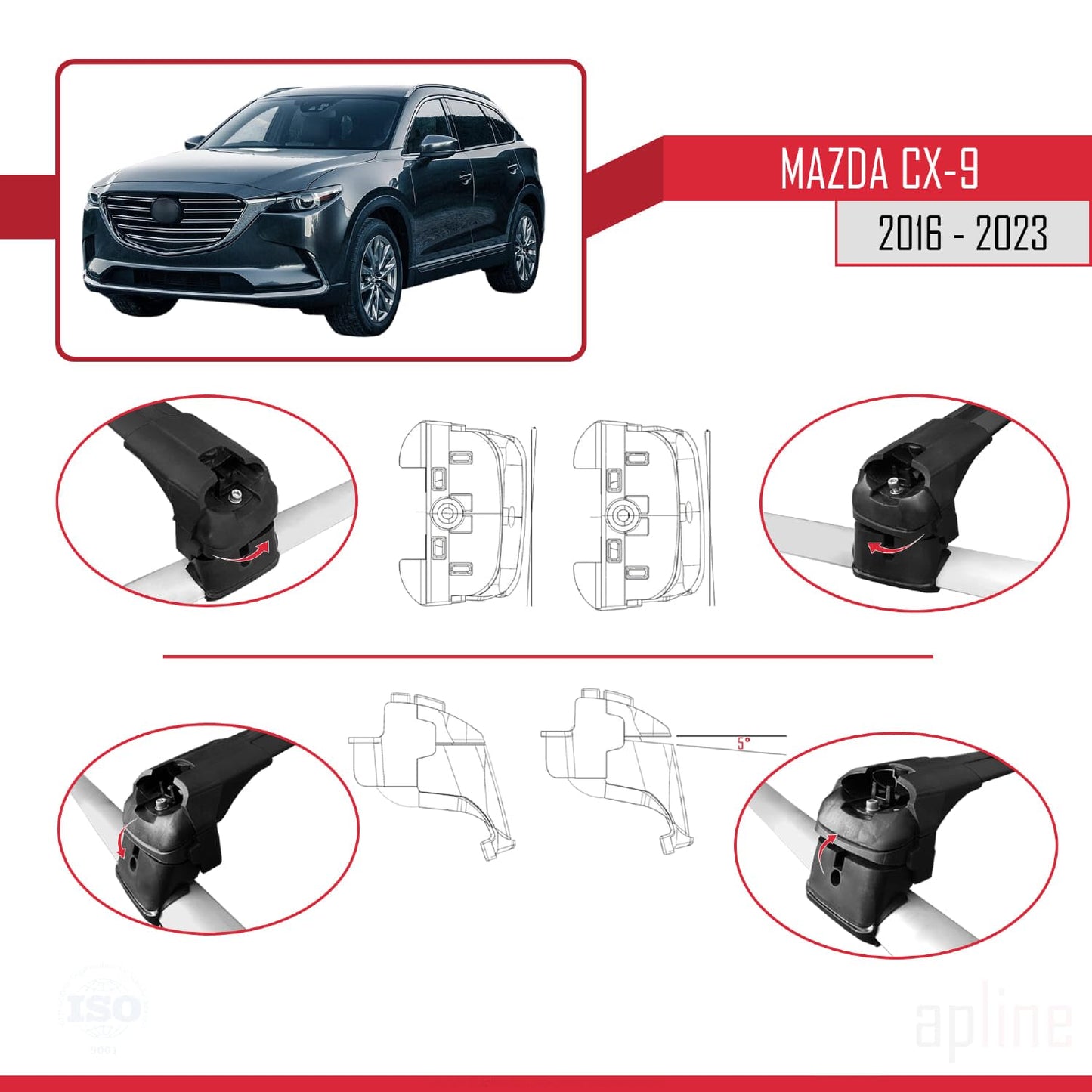 Compatible with Mazda CX-9 2016-2023 ACE-2 Car Roof Rack Cross Bar Black Aluminium 2 Bars