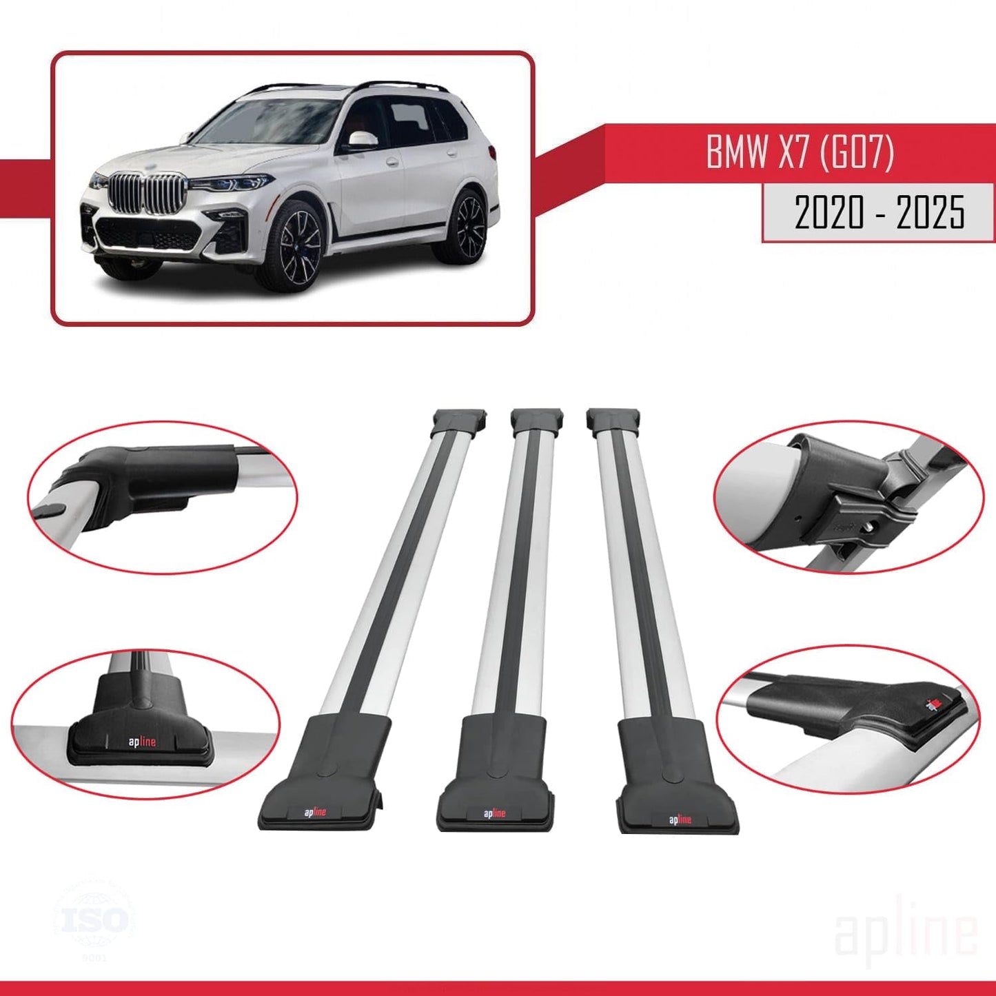 Compatible with BMW X7 (G07) 2020-2025 Fly Model Car Roof Rack Cross Bar Grey Aluminium 3 Bars
