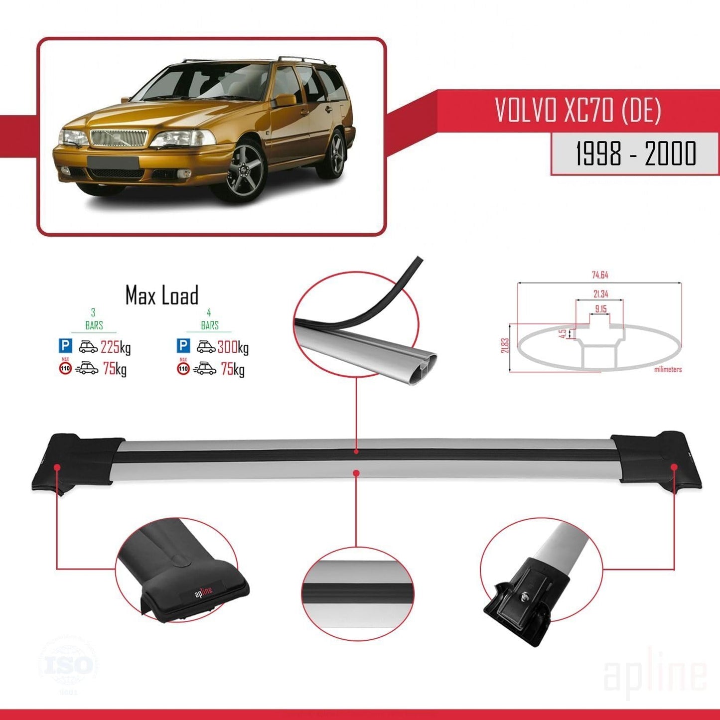 Compatible with Volvo XC70 1998-2000 Fly Model Car Roof Rack Cross Bar Grey Aluminium 3 Bars