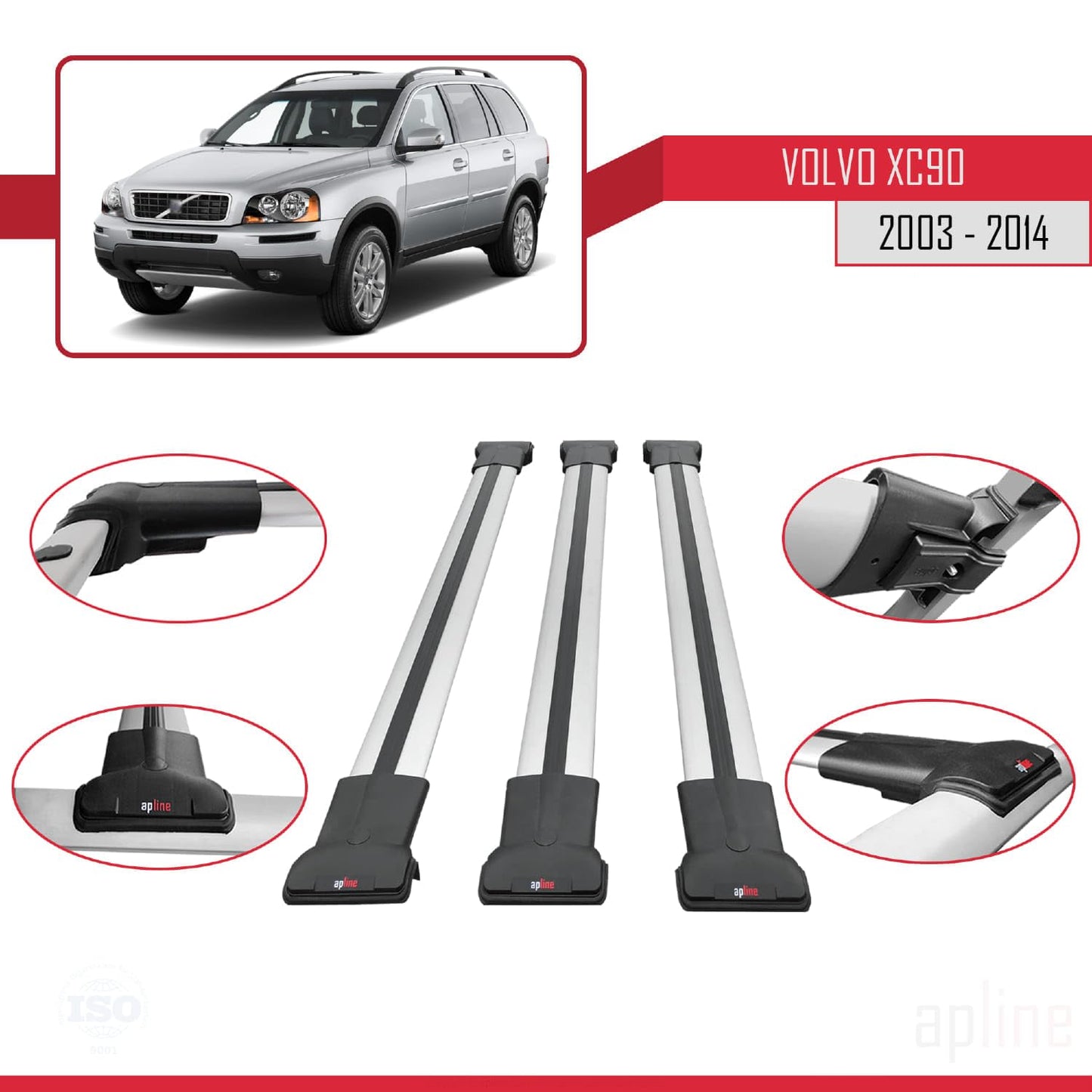 Compatible with Volvo XC90 2003-2014 Fly Model Car Roof Rack Cross Bar Grey Aluminium 3 Bars