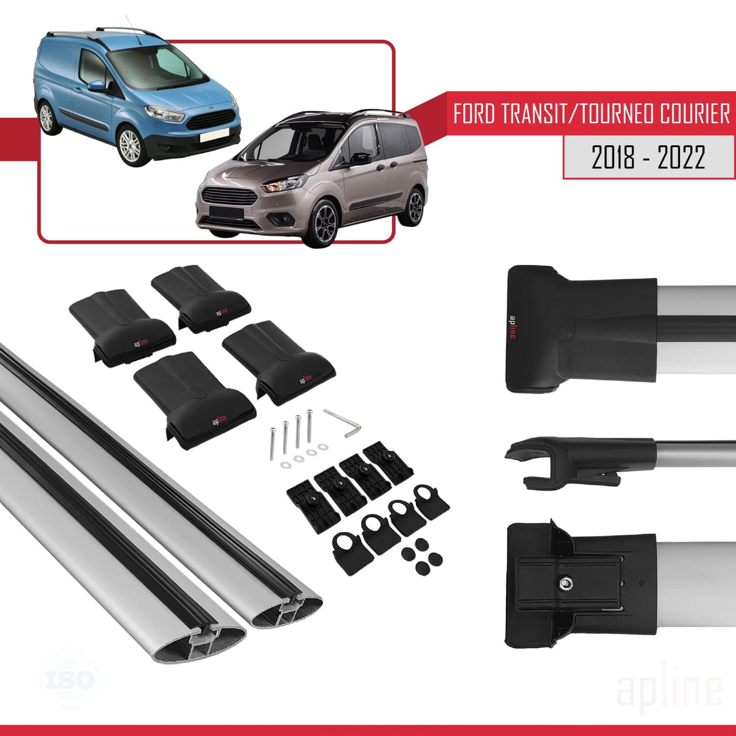 Compatible with Ford Transit/Tourneo Courier Post-Facelift 2018-2022 Fly Model Car Roof Rack Cross Bar Grey Aluminium 2 Bars
