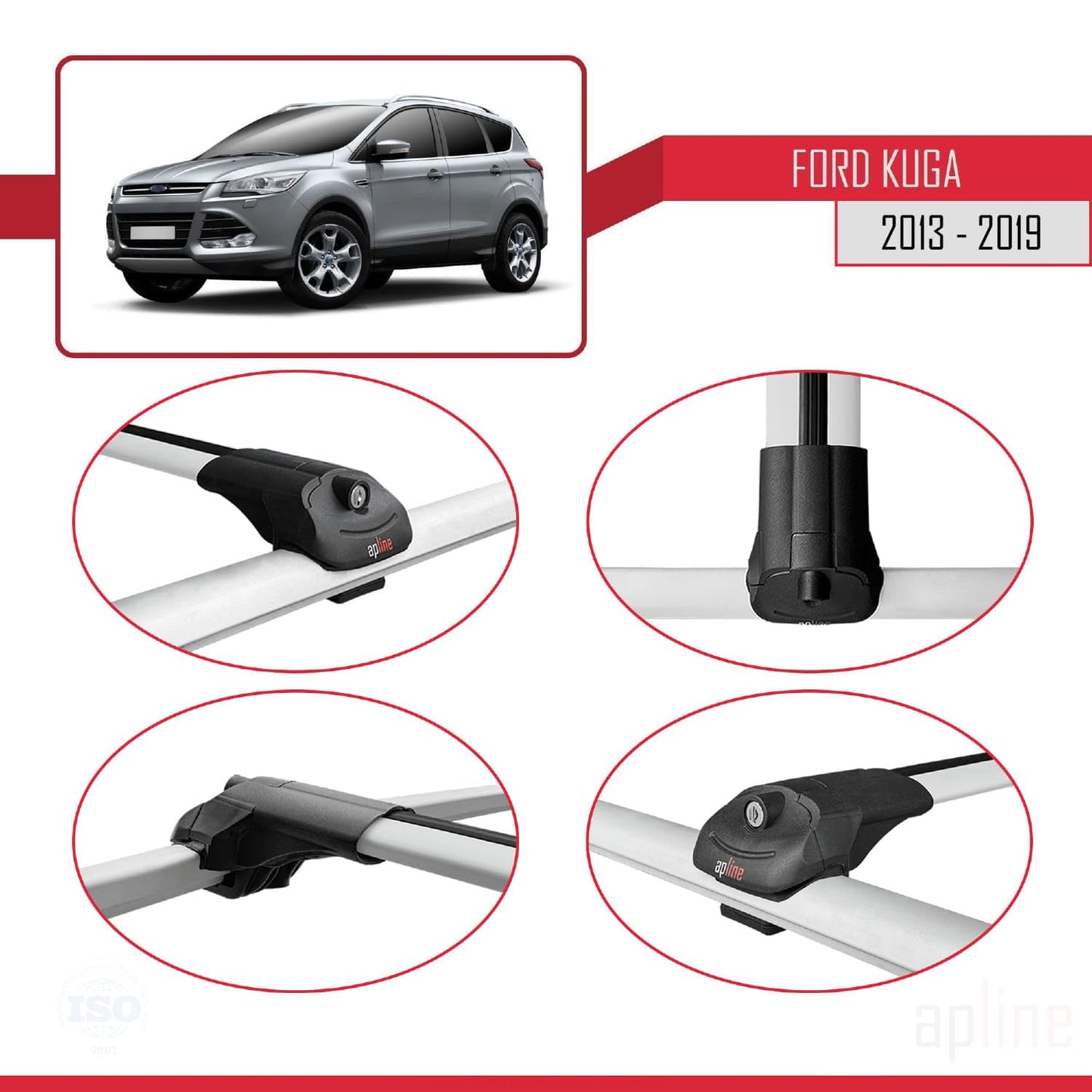 Compatible with Ford Kuga 2 (C520) 2013-2019 ACE-1 Car Roof Rack Cross Bar Grey Aluminium 2 Bars