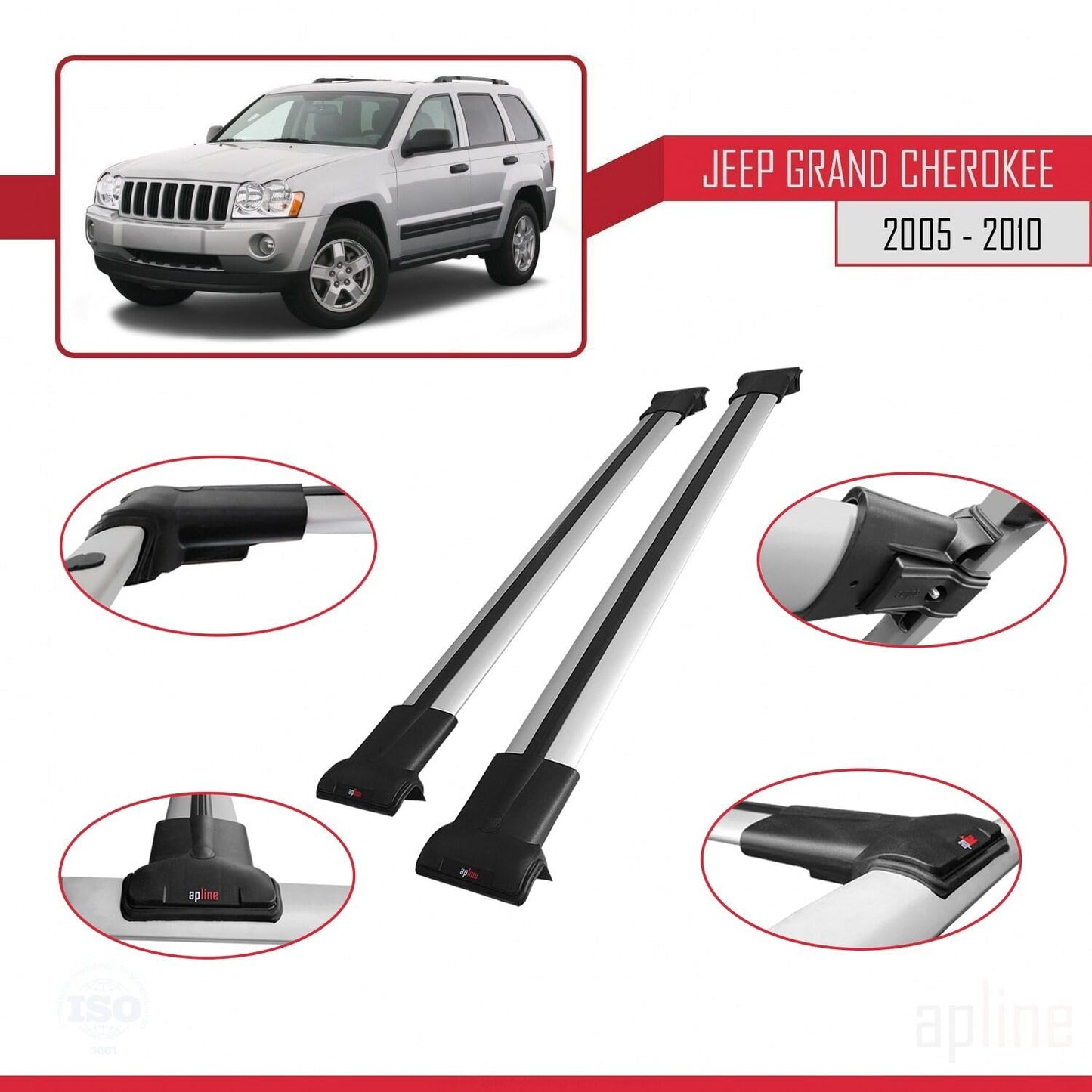 Compatible with Jeep Grand Cherokee 3 (WK) 2005-2010 Fly Model Car Roof Rack Cross Bar Grey Aluminium 2 Bars