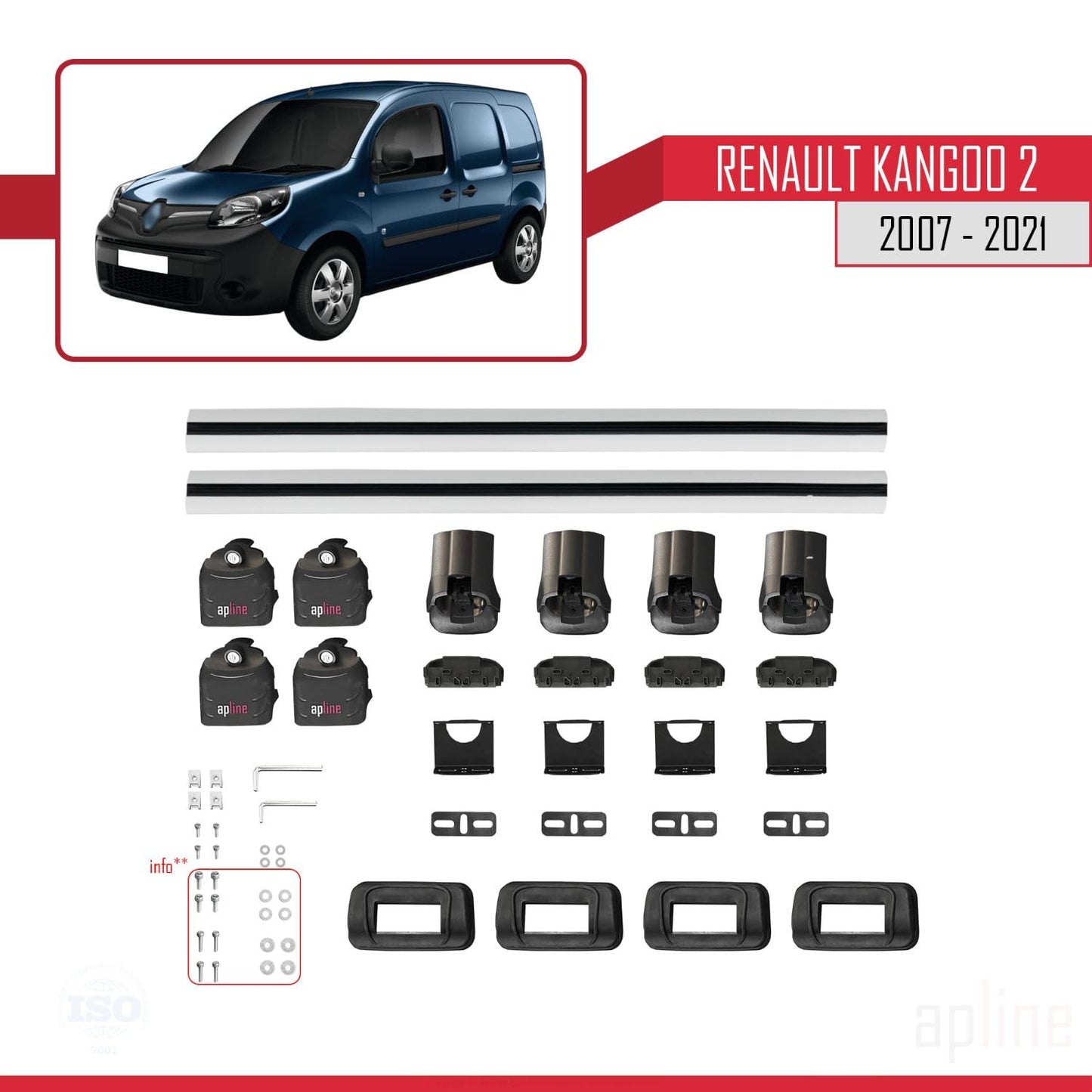 Compatible with Renault Kangoo 2 2007-2021 ACE-3 Car Roof Rack Cross Bar Grey Aluminium 2 Bars