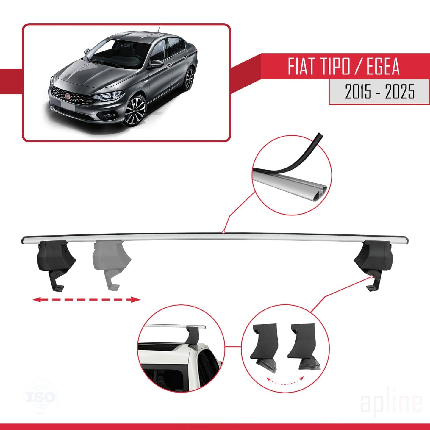 Compatible with Fiat Egea Sedan 2015-2025 ACE-4 Car Roof Rack Cross Bar Grey Aluminium 2 Bars