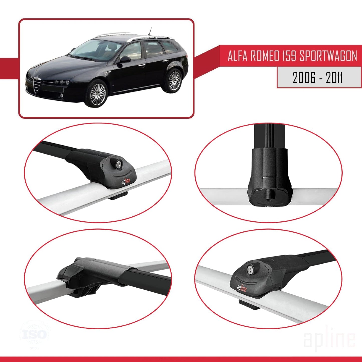 Compatible with Alfa Romeo 159 (T939) SW 2006-2011 ACE-1 Car Roof Rack Cross Bar Black Aluminium 2 Bars