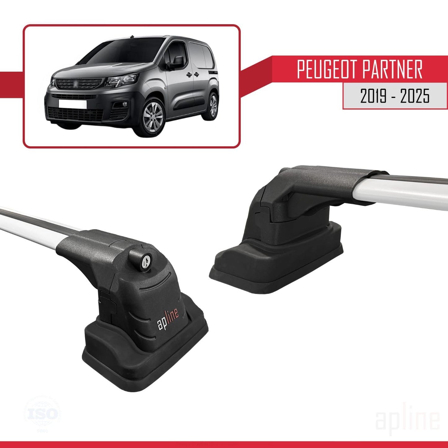 Compatible with Peugeot Partner 2019-2025 ACE-3 Car Roof Rack Cross Bar Grey Aluminium 2 Bars