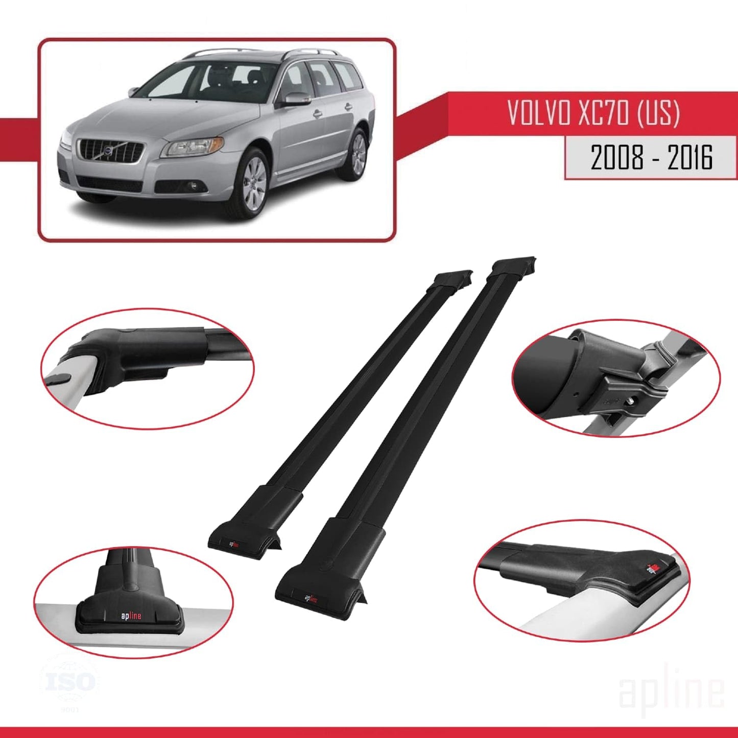 Compatible with Volvo XC70 II (P24) 2008-2016 Fly Model Car Roof Rack Cross Bar Black Aluminium 2 Bars