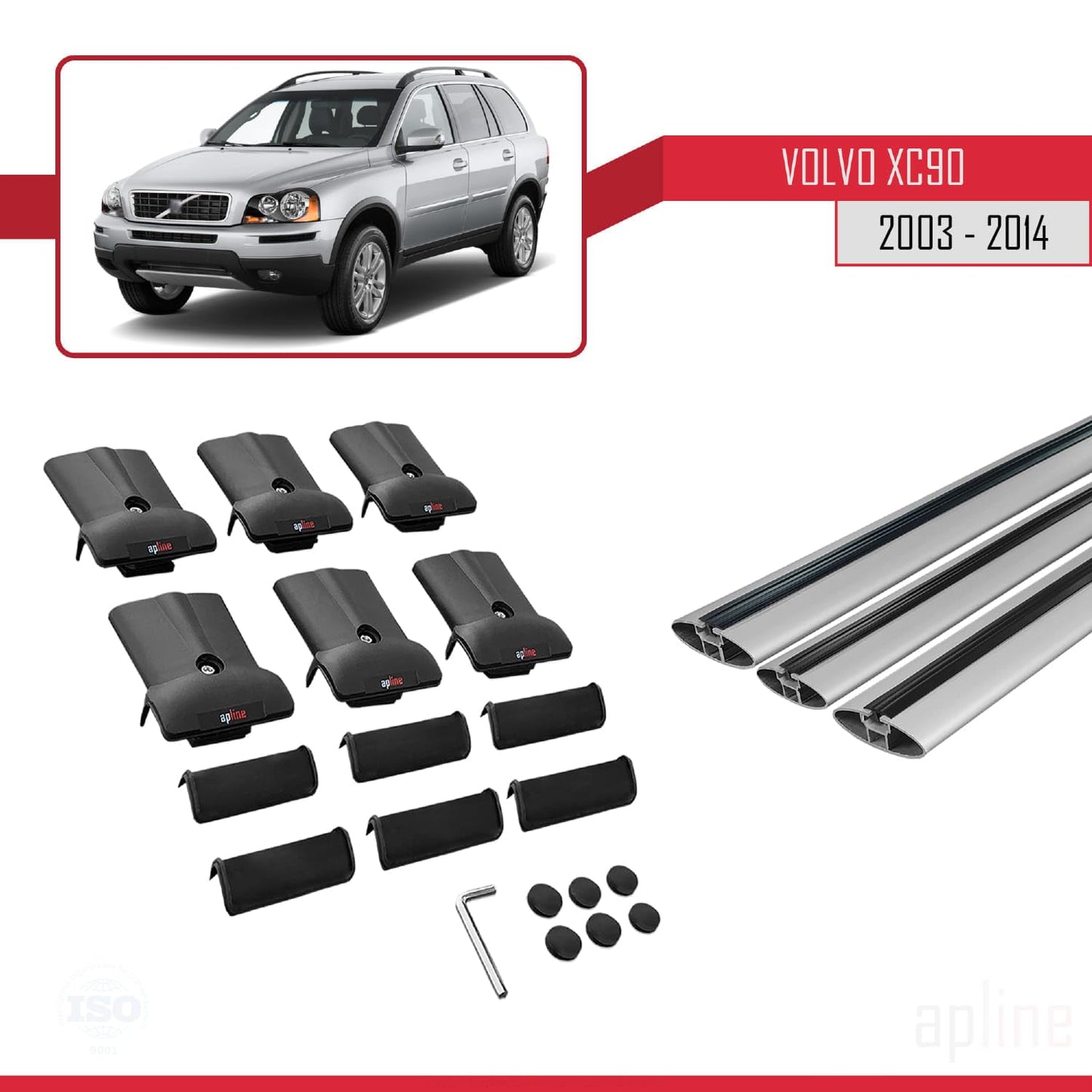 Compatible with Volvo XC90 2003-2014 Fly Model Car Roof Rack Cross Bar Grey Aluminium 3 Bars