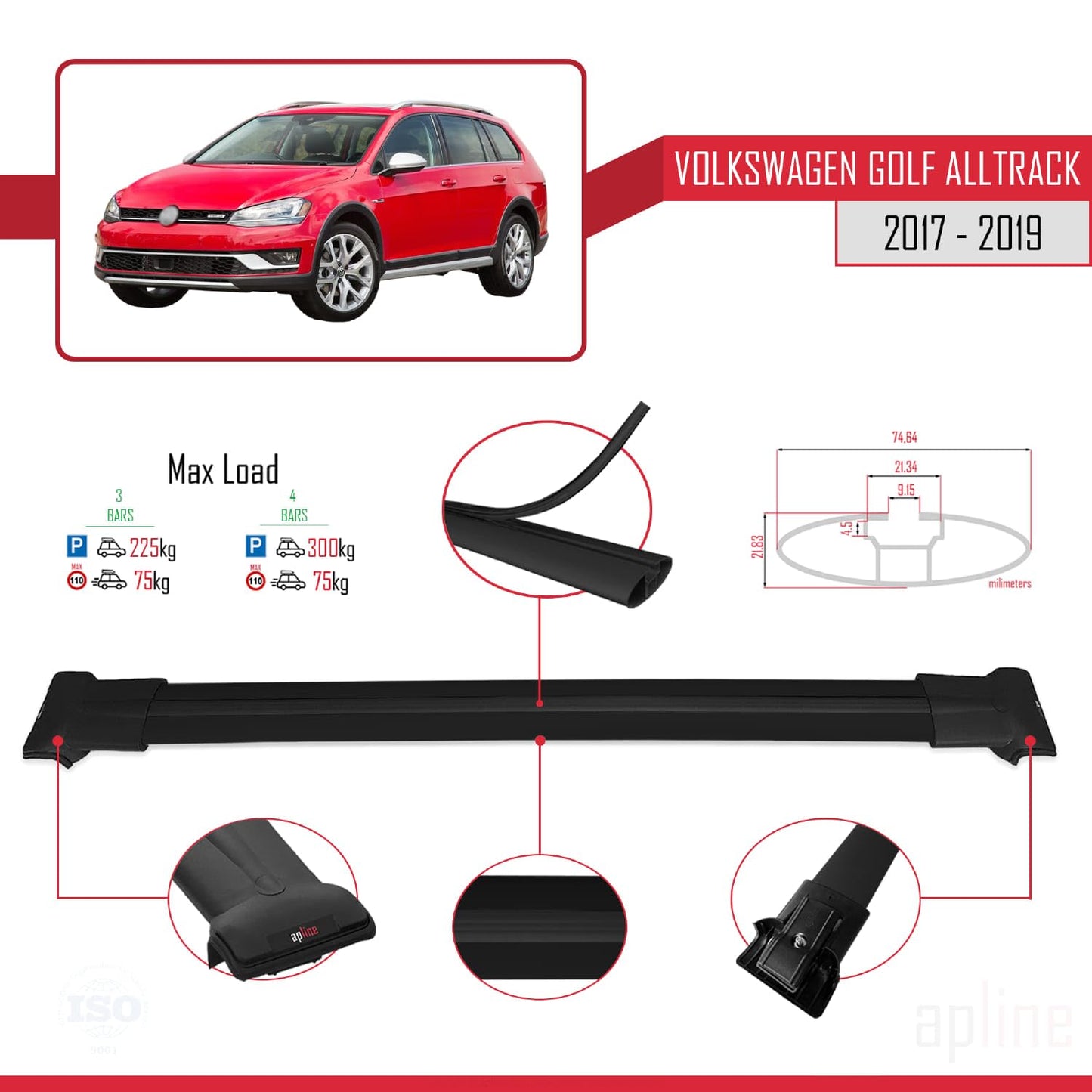 Compatible with VW Golf Alltrack Mk7 2017-2019 Fly Model Car Roof Rack Cross Bar Black Aluminium 3 Bars