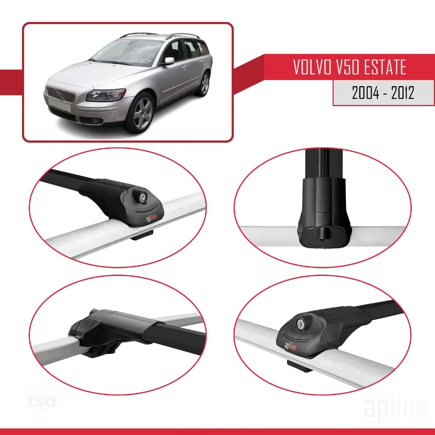 Compatible with Volvo V50 2004-2012 ACE-1 Car Roof Rack Cross Bar Black Aluminium 2 Bars