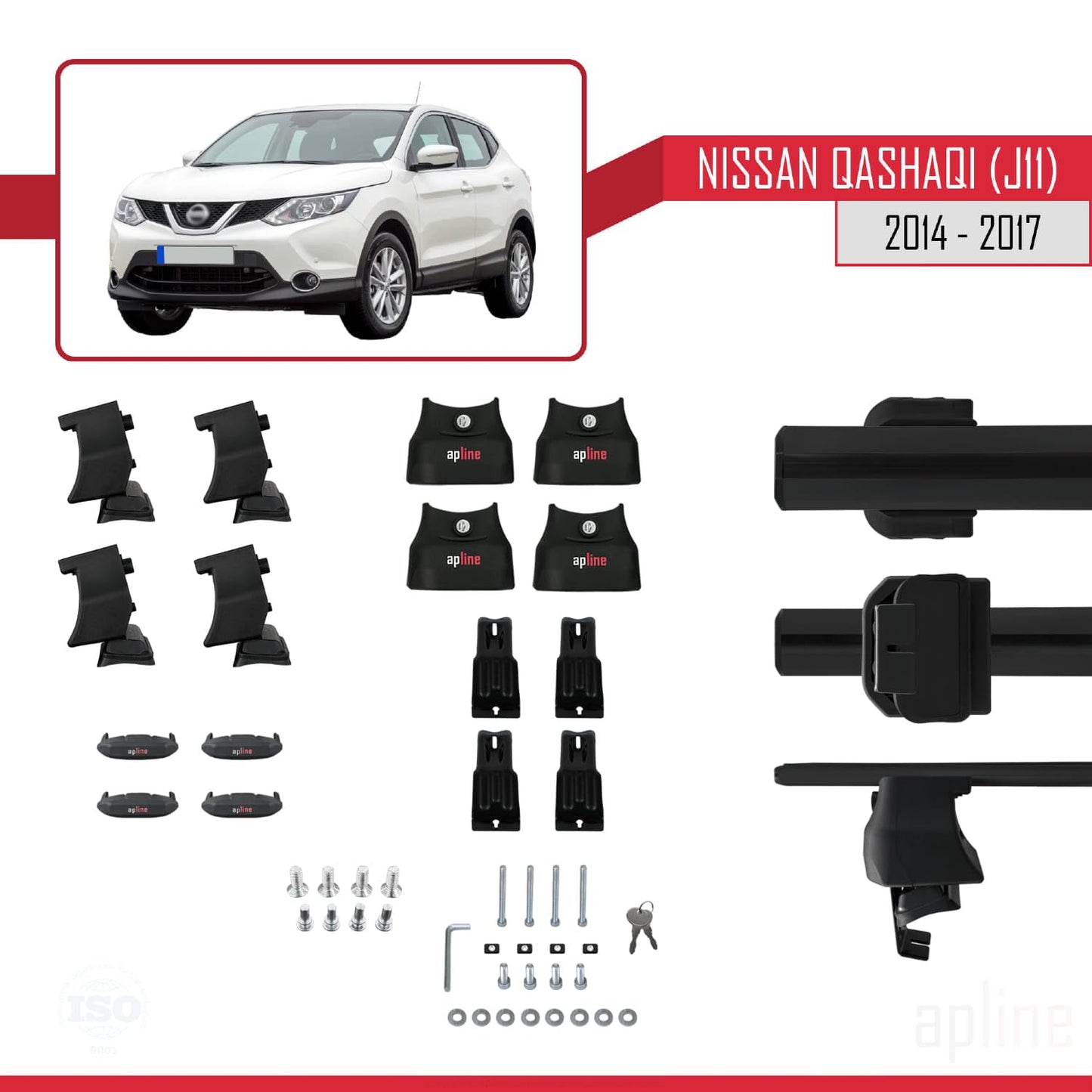 Compatible with Nissan Qashqai 2 (J11) Pre-Facelift 2014-2017 ACE-4 Car Roof Rack Cross Bar Black Aluminium 2 Bars
