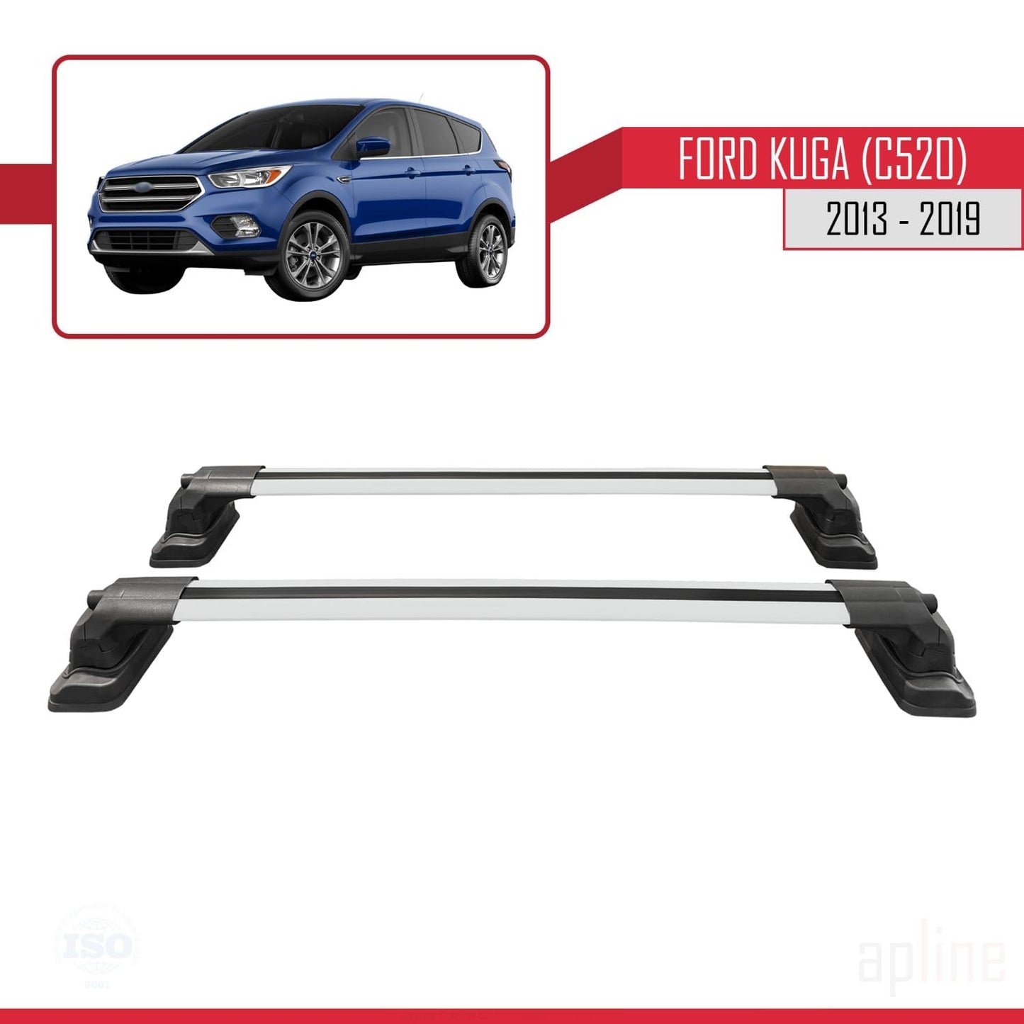 Compatible with Ford Kuga (C520) 2013-2019 ACE-3 Car Roof Rack Cross Bar Grey Aluminium 2 Bars