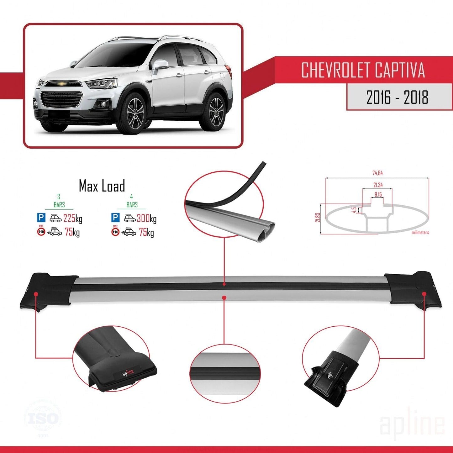 Compatible with Chevrolet Captiva 2016-2018 Fly Model Car Roof Rack Cross Bar Grey Aluminium 3 Bars