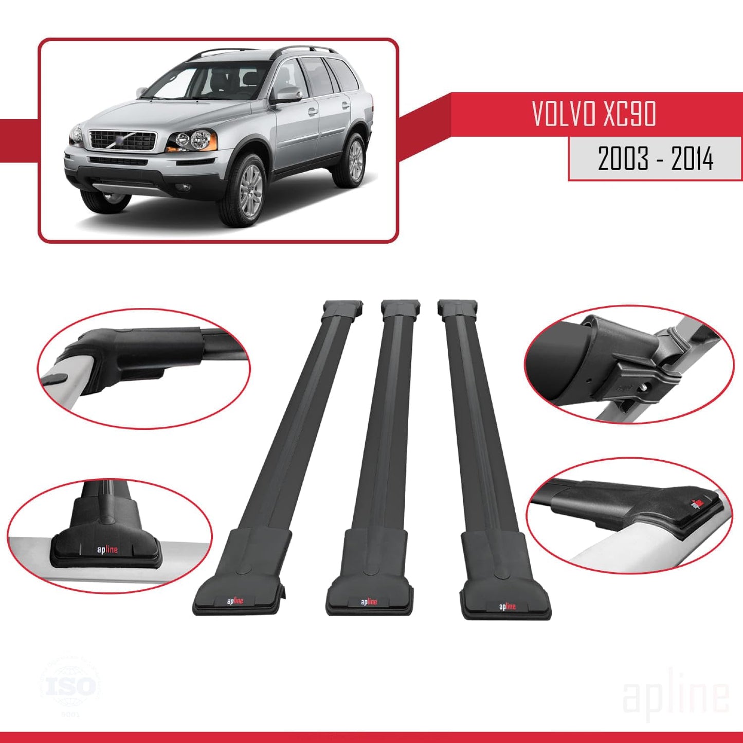 Compatible with Volvo XC90 2003-2014 Fly Model Car Roof Rack Cross Bar Black Aluminium 3 Bars