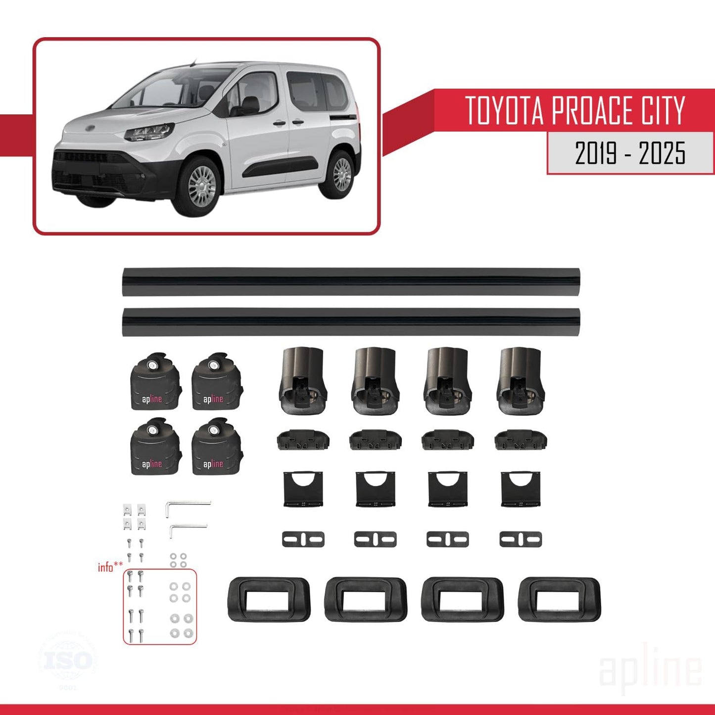 Compatible with Toyota Proace City 2019-2025 ACE-3 Car Roof Rack Cross Bar Black Aluminium 2 Bars