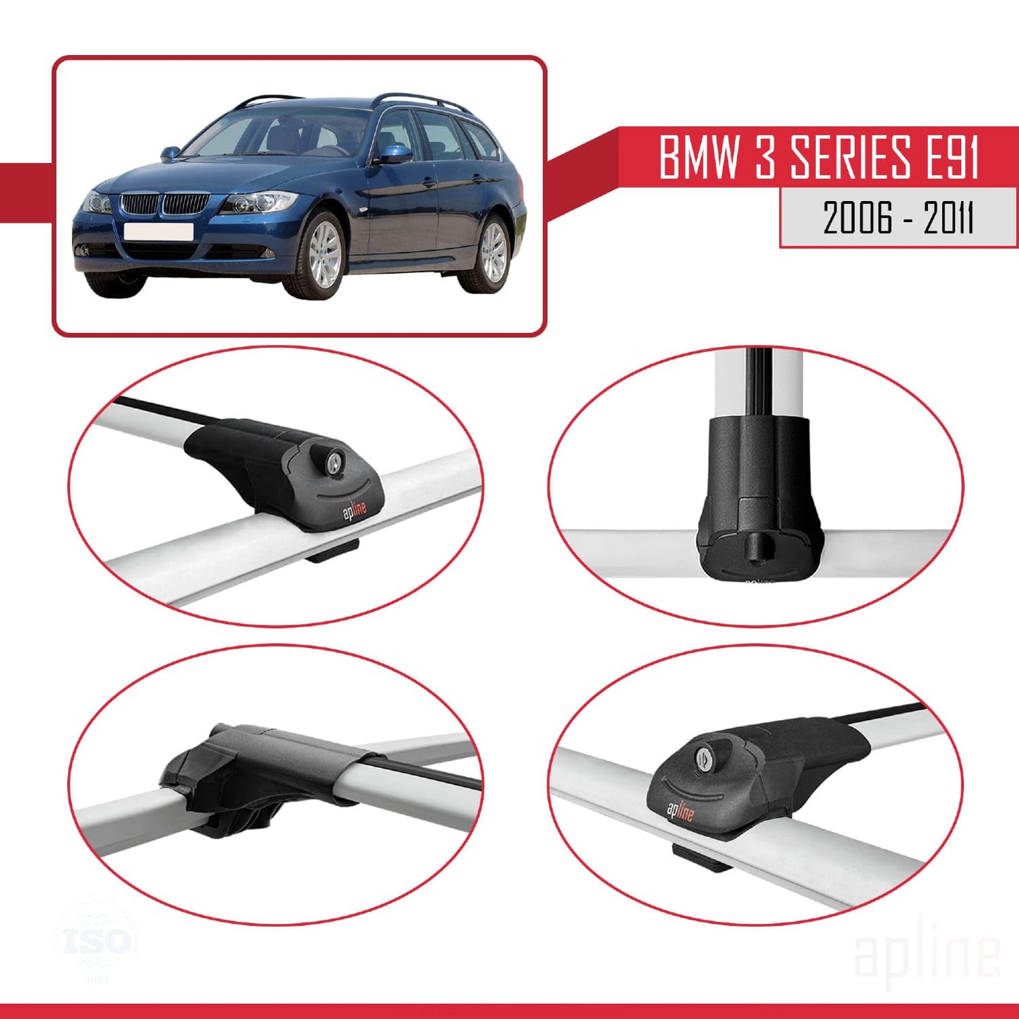 Compatible with BMW 3 Series E91 Touring 2006-2011 ACE-1 Car Roof Rack Cross Bar Grey Aluminium 2 Bars