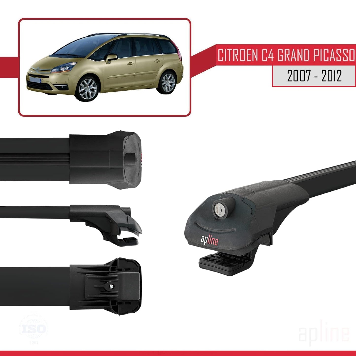 Compatible with Citroen Grand C4 Picasso 2007-2012 ACE-1 Car Roof Rack Cross Bar Black Aluminium 3 Bars