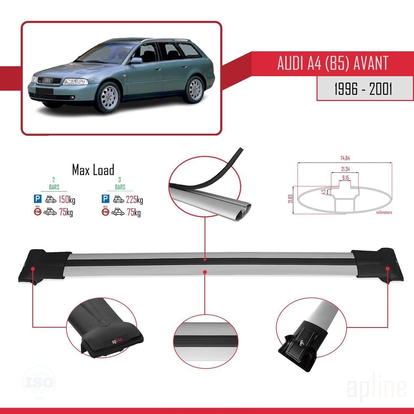 Compatible with Audi A4 (B5) Avant 1996-2001 Fly Model Car Roof Rack Cross Bar Grey Aluminium 2 Bars
