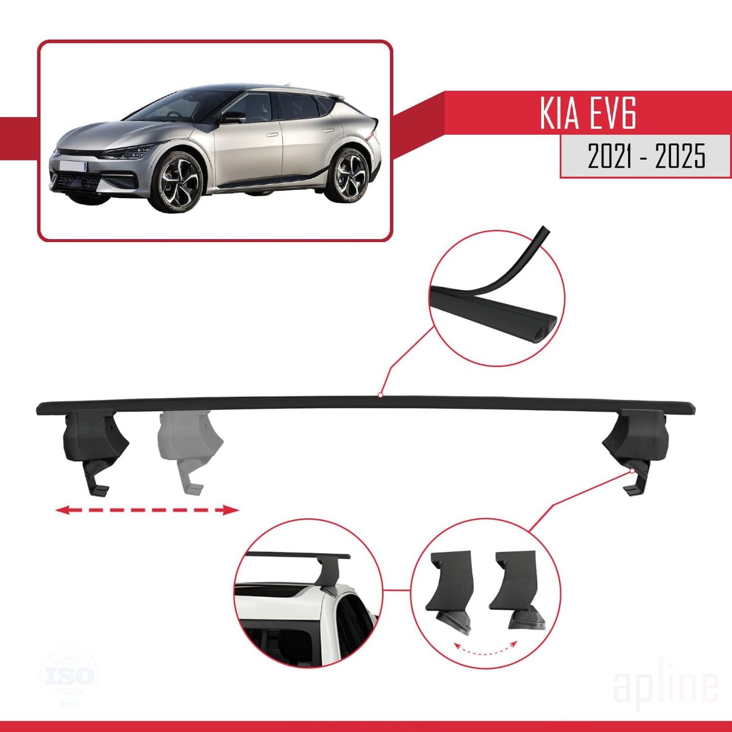 Compatible with Kia EV6 2021-2025 ACE-4 Car Roof Rack Cross Bar Black Aluminium 2 Bars