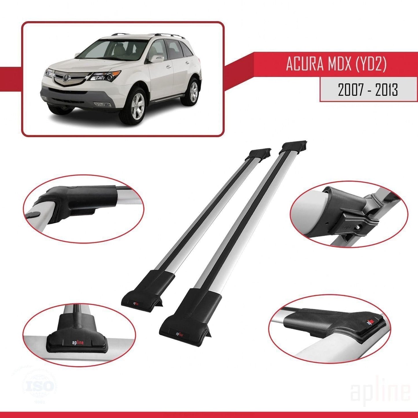 Compatible with Acura MDX (YD2) 2007-2013 Fly Model Car Roof Rack Cross Bar Grey Aluminium 2 Bars