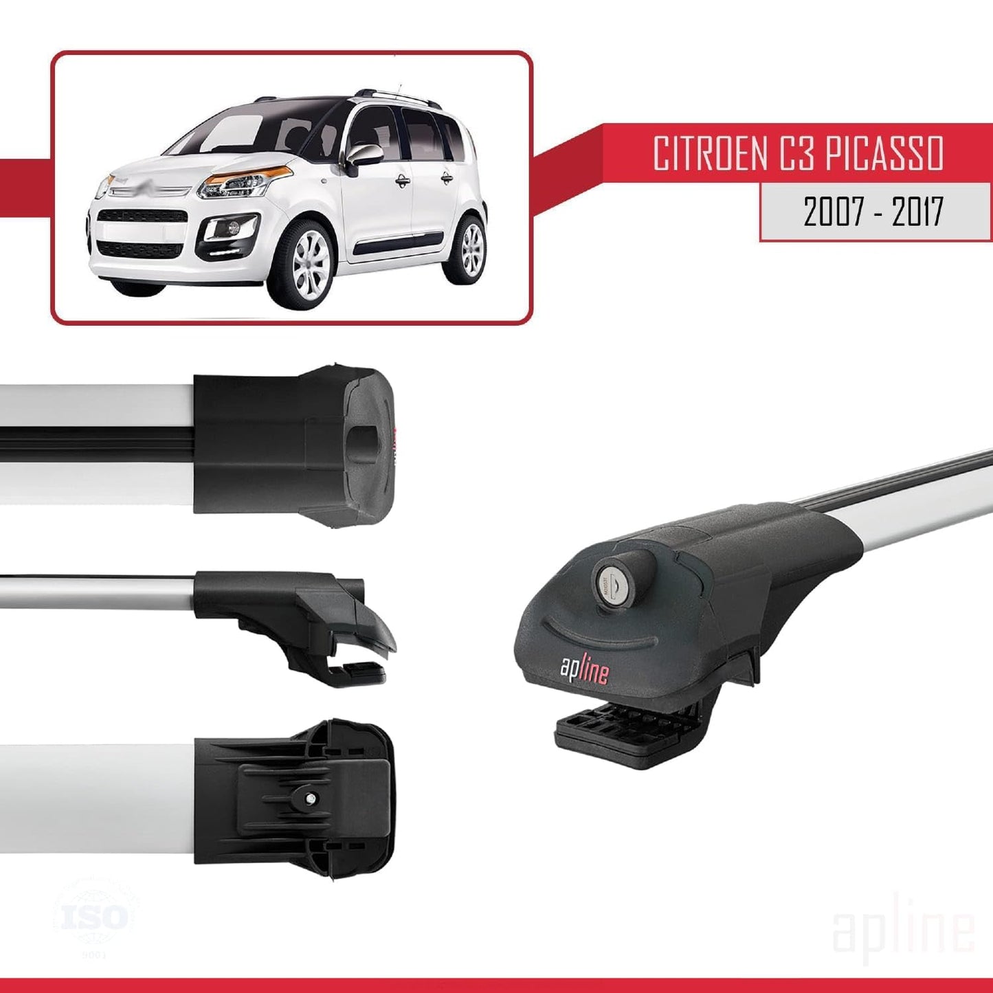 Compatible with Citroen C3 Picasso 2009-2017 ACE-1 Car Roof Rack Cross Bar Grey Aluminium 3 Bars