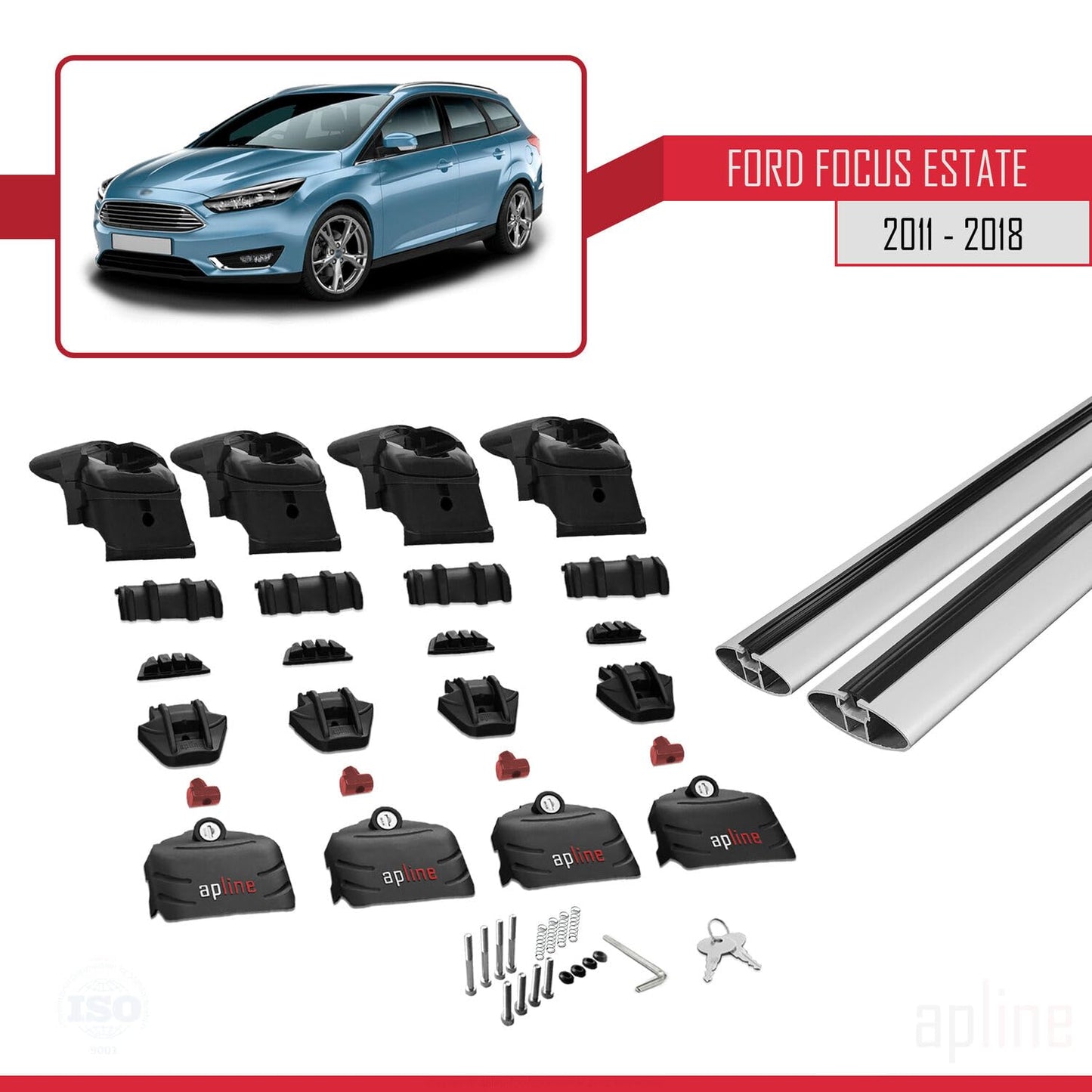 Compatible with Ford Focus 3 (C346) SW 2011-2018 ACE-2 Car Roof Rack Cross Bar Grey Aluminium 2 Bars