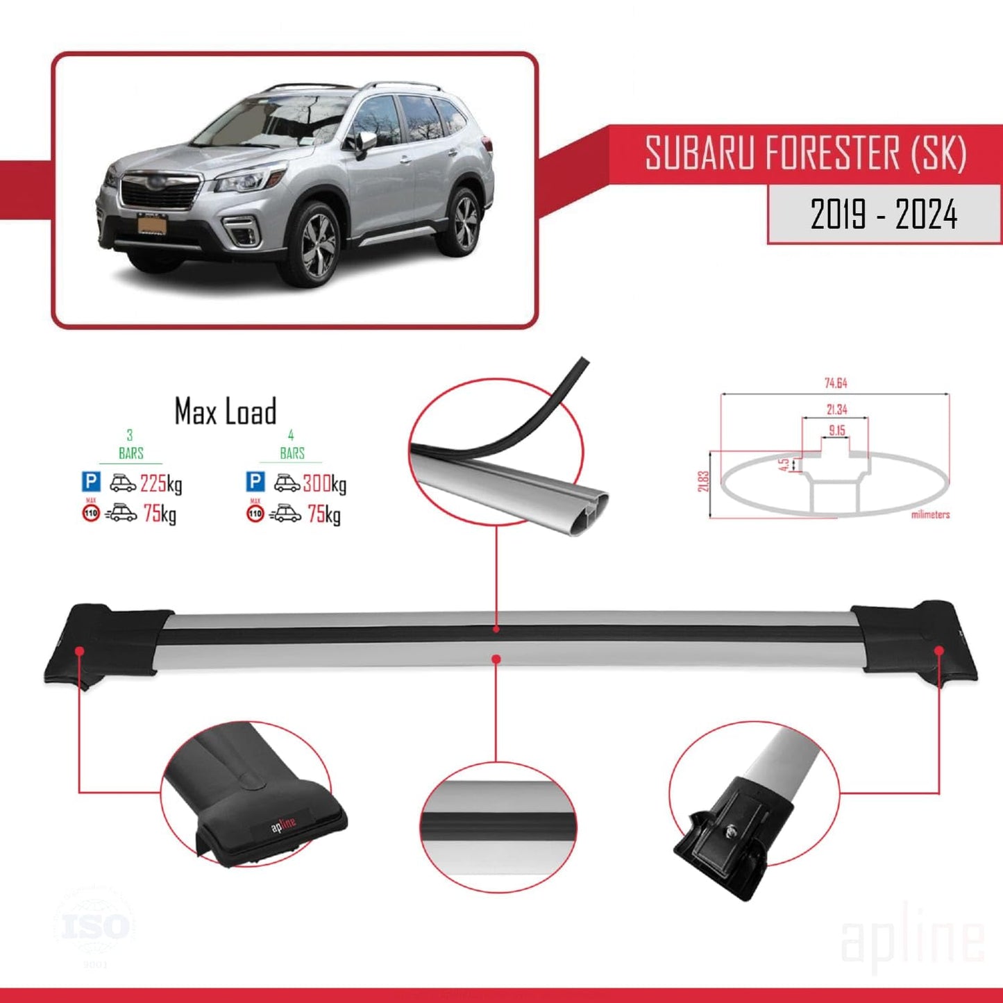 Compatible with Subaru Forester 5 (SK) 2019-2024 Fly Model Car Roof Rack Cross Bar Grey Aluminium 3 Bars
