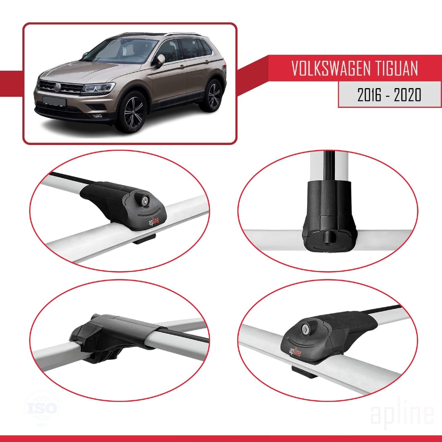 Compatible with Volkswagen Tiguan 2 Pre-Facelift 2016-2020 ACE-1 Car Roof Rack Cross Bar Grey Aluminium 2 Bars