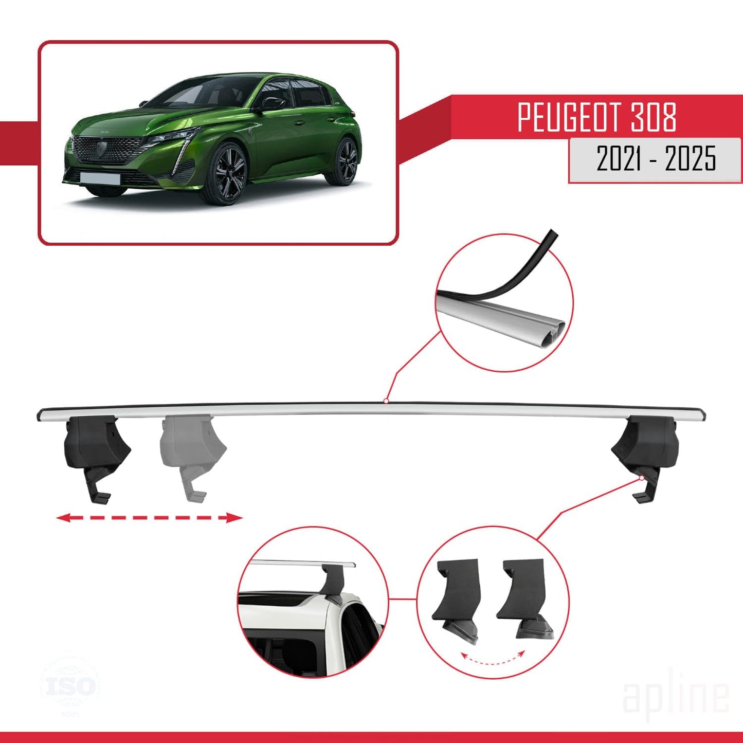 Compatible with Peugeot 308 III (P5) 2021-2025 ACE-4 Car Roof Rack Cross Bar Grey Aluminium 2 Bars