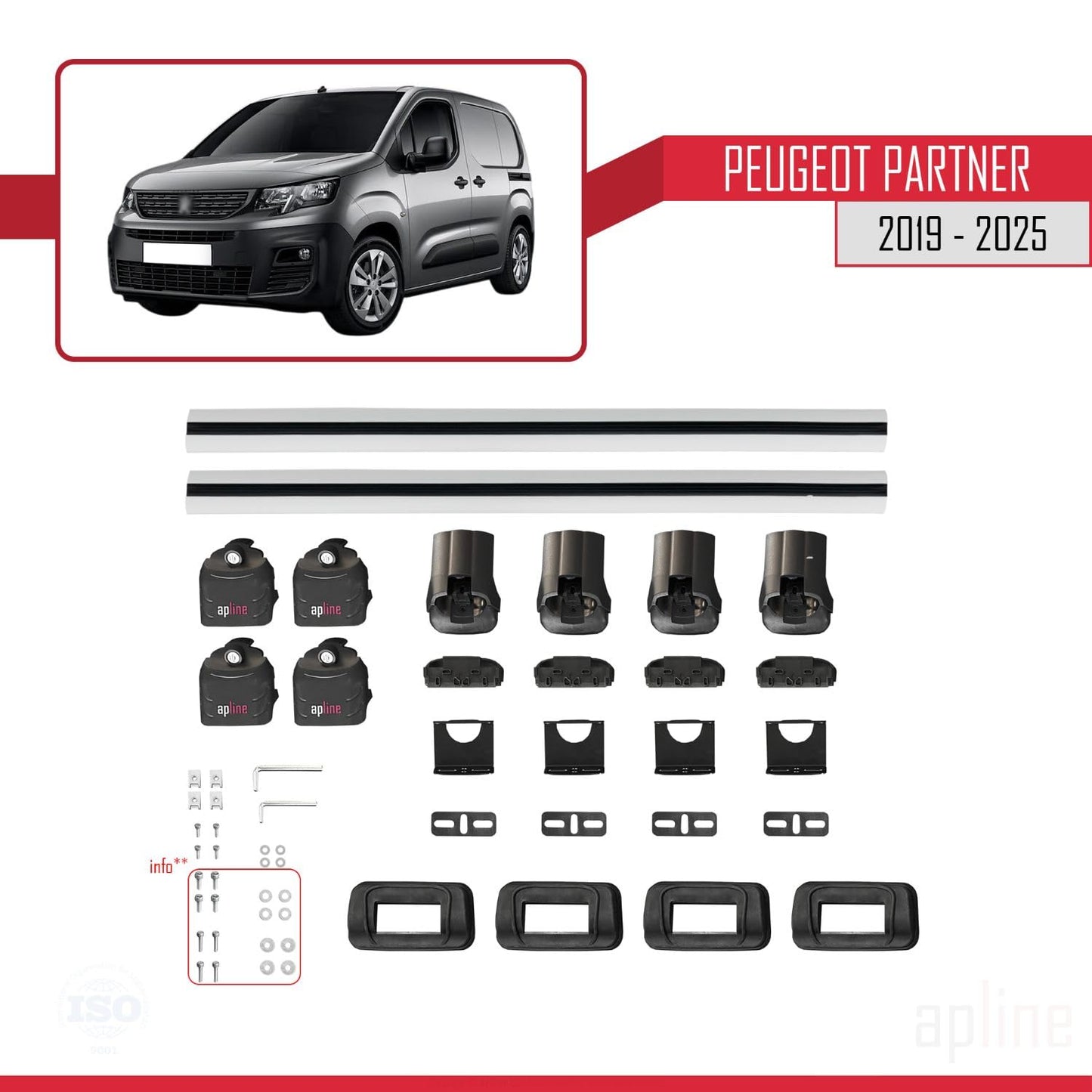 Compatible with Peugeot Partner 2019-2025 ACE-3 Car Roof Rack Cross Bar Grey Aluminium 2 Bars