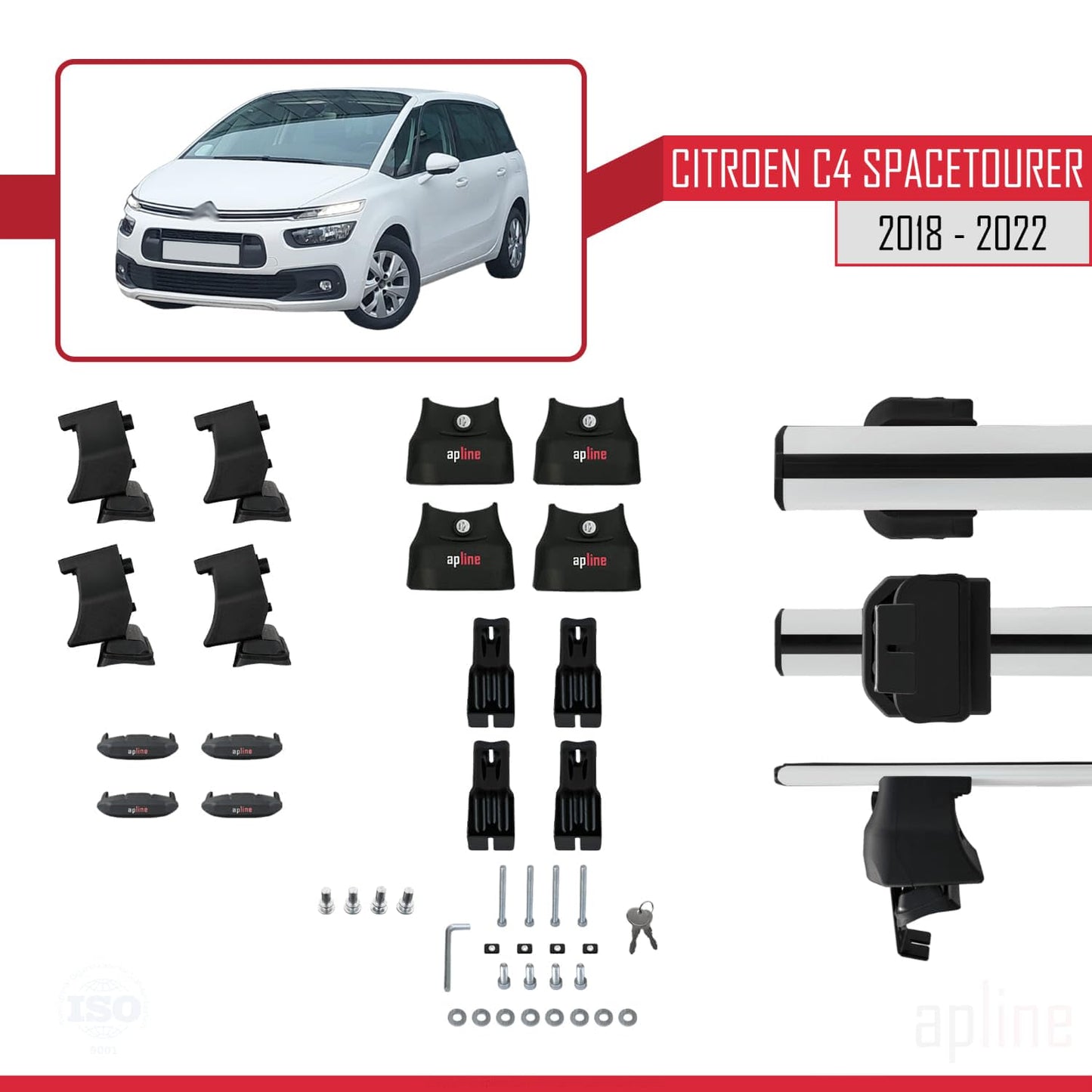 Compatible with Citroen C4 Spacetourer 2018-2022 ACE-4 Car Roof Rack Cross Bar Grey Aluminium 2 Bars